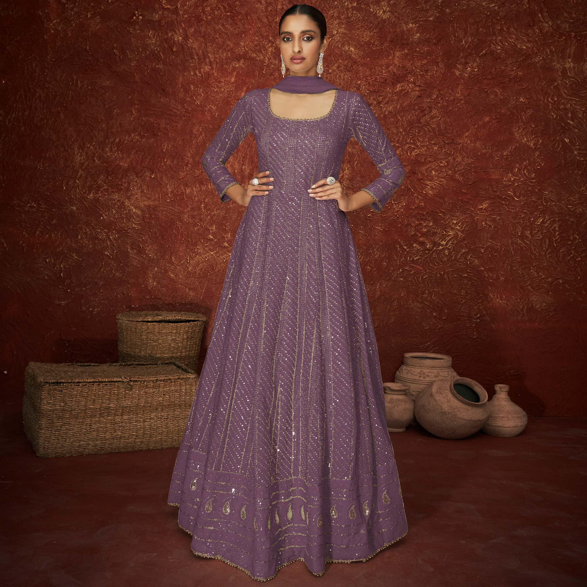 Purple Sequence Embroidered Georgette Gown - Peachmode