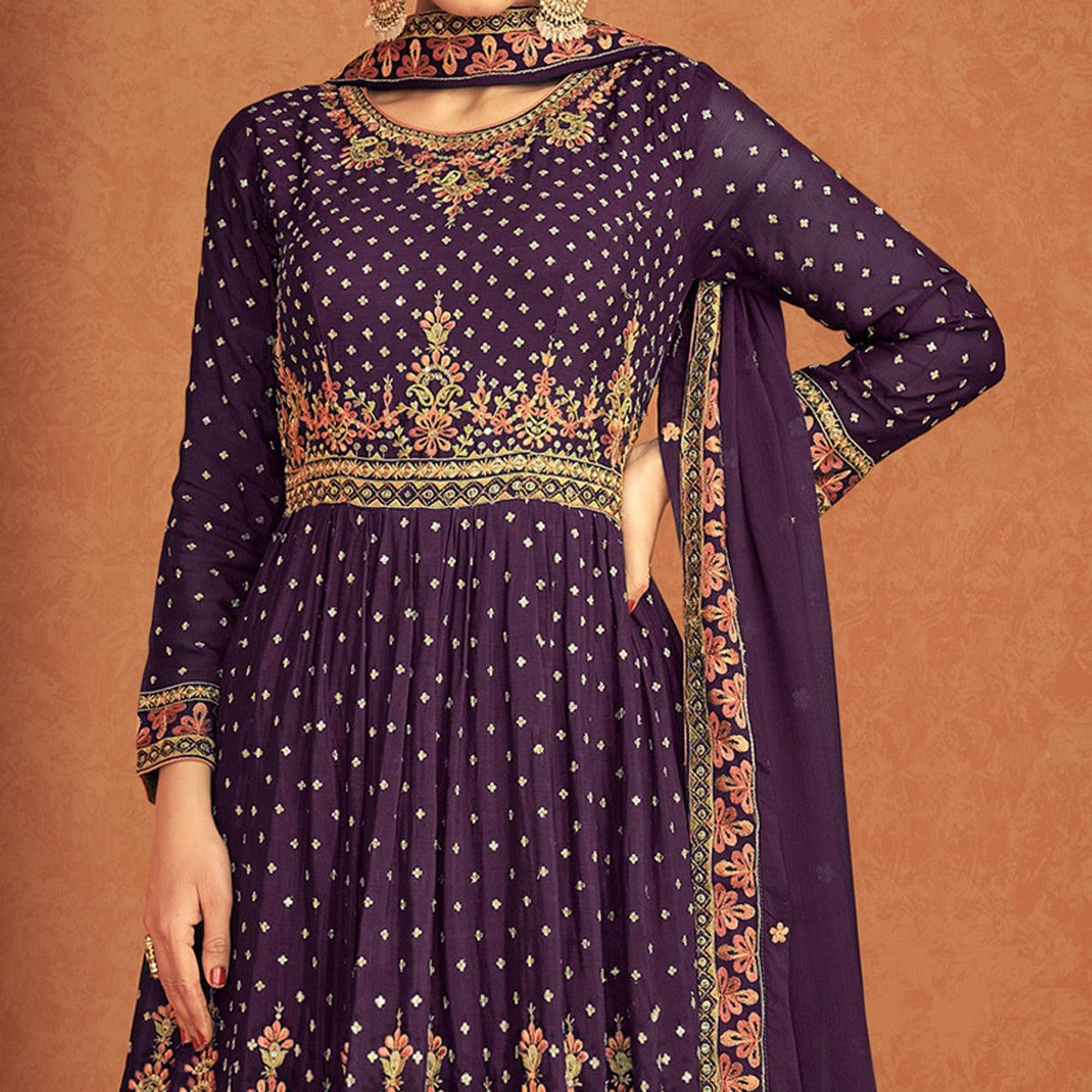 Purple Sequence Embroidered Georgette Lehenga With Top - Peachmode