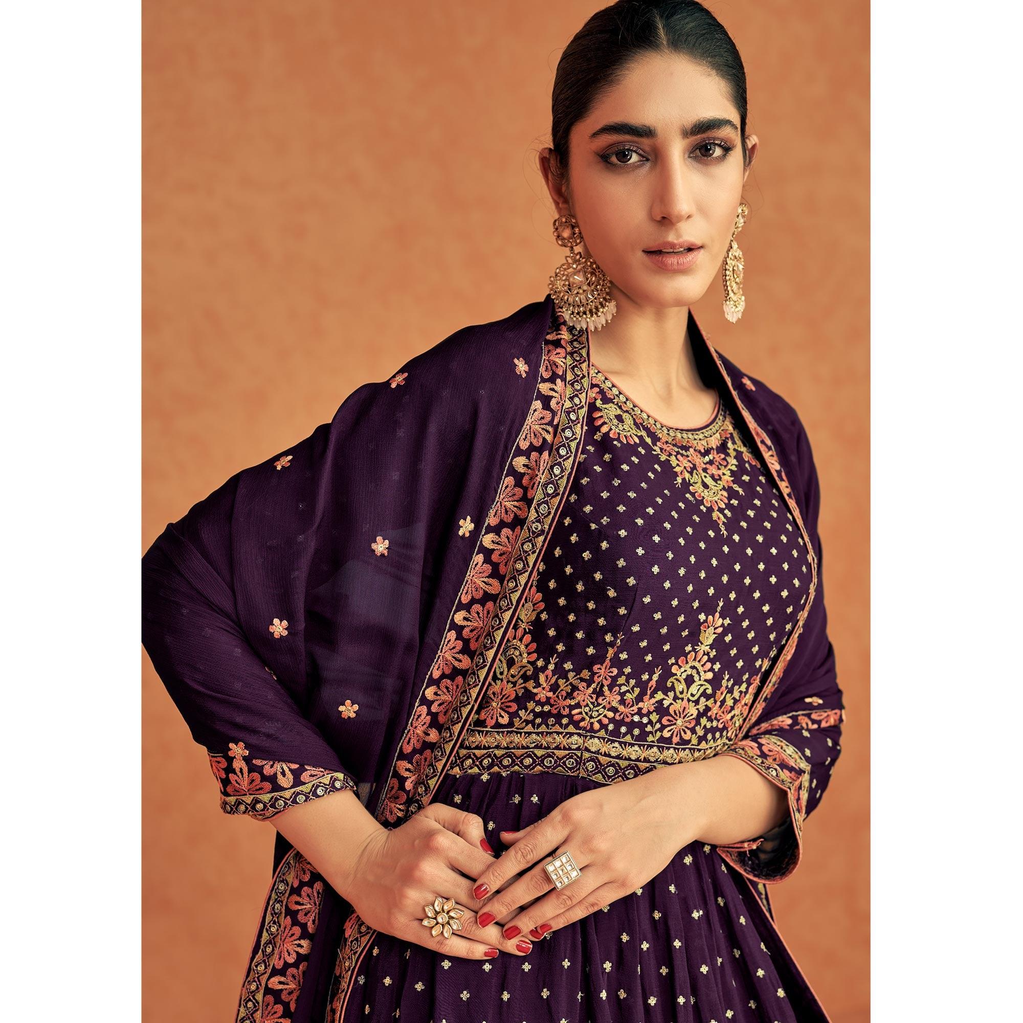 Purple Sequence Embroidered Georgette Lehenga With Top - Peachmode