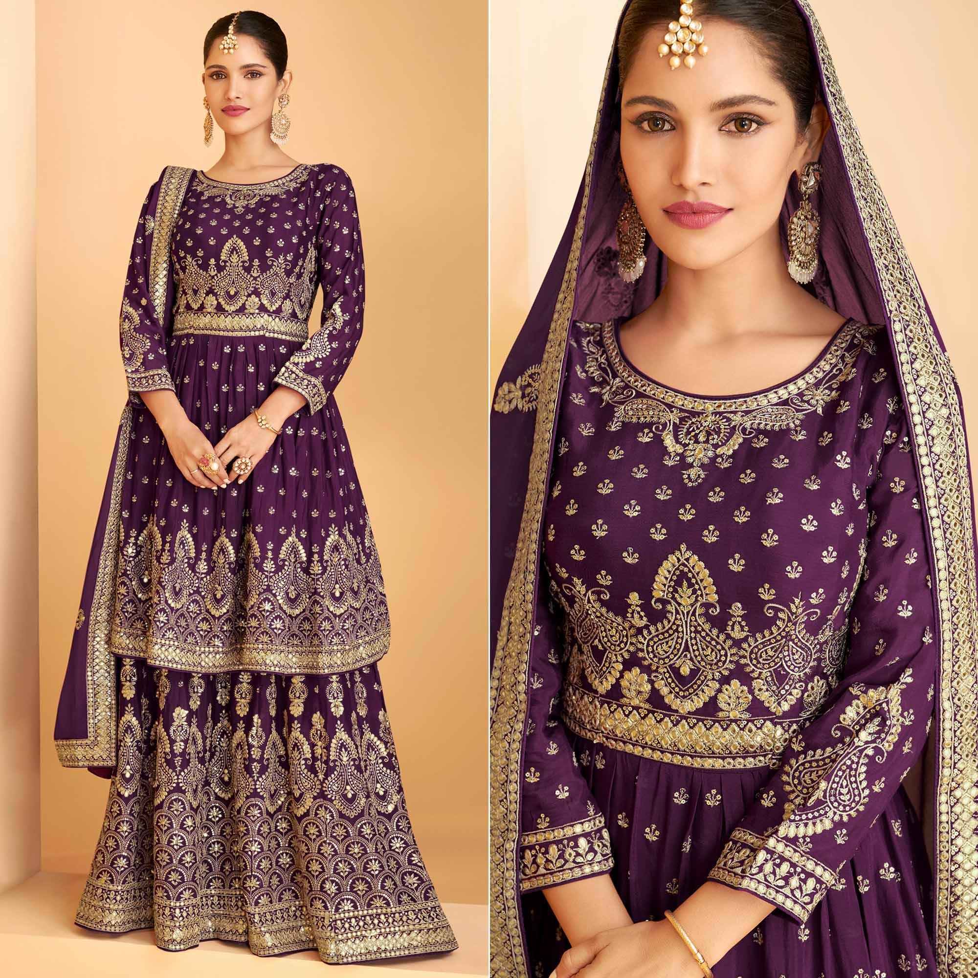 Purple Sequence Embroidered Georgette Sharara Suit - Peachmode
