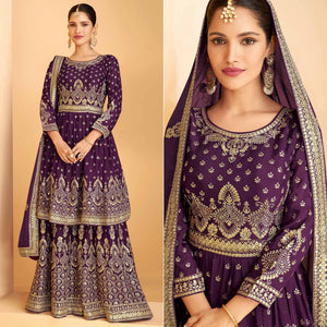 Purple Sequence Embroidered Georgette Sharara Suit - Peachmode