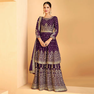 Purple Sequence Embroidered Georgette Sharara Suit - Peachmode