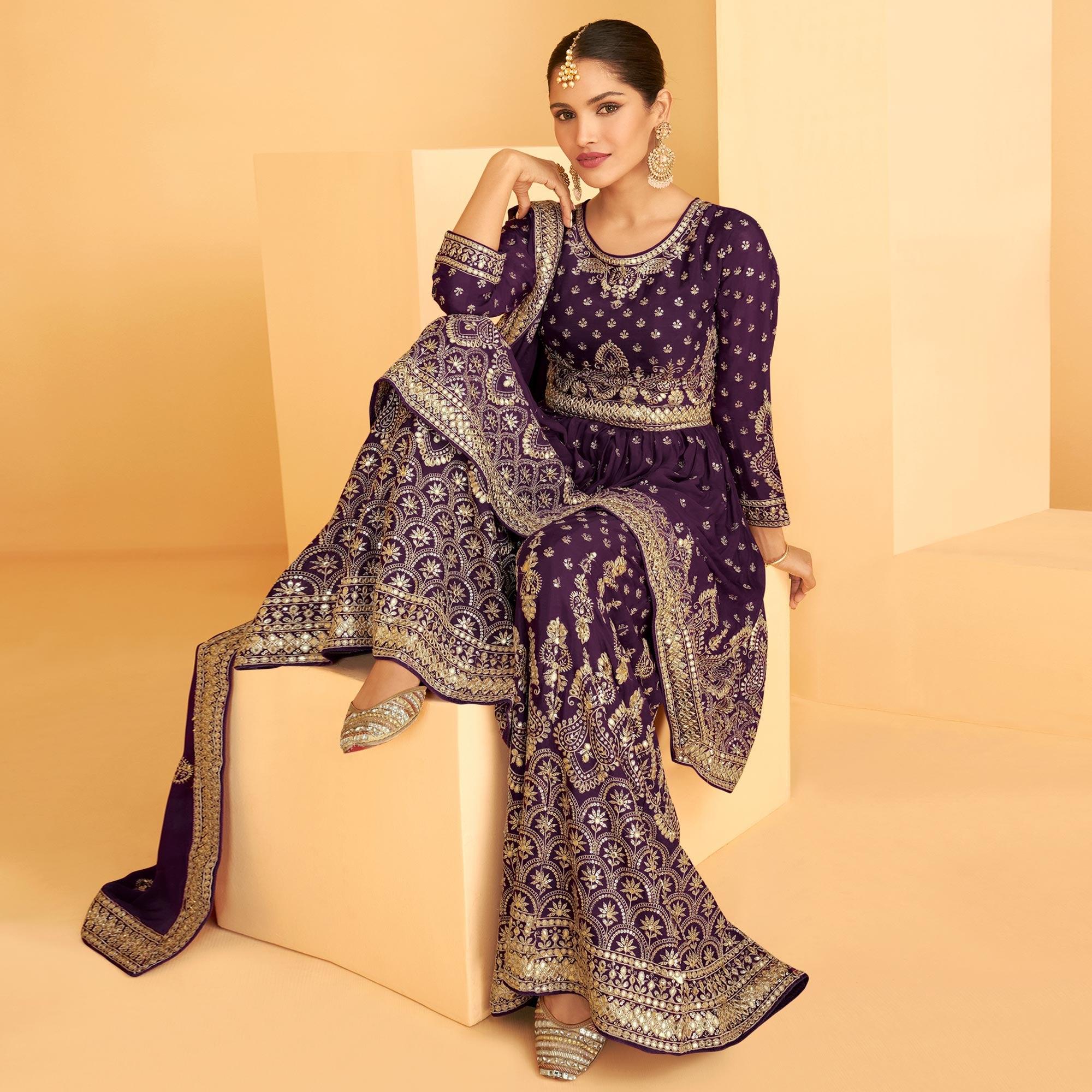 Purple Sequence Embroidered Georgette Sharara Suit - Peachmode