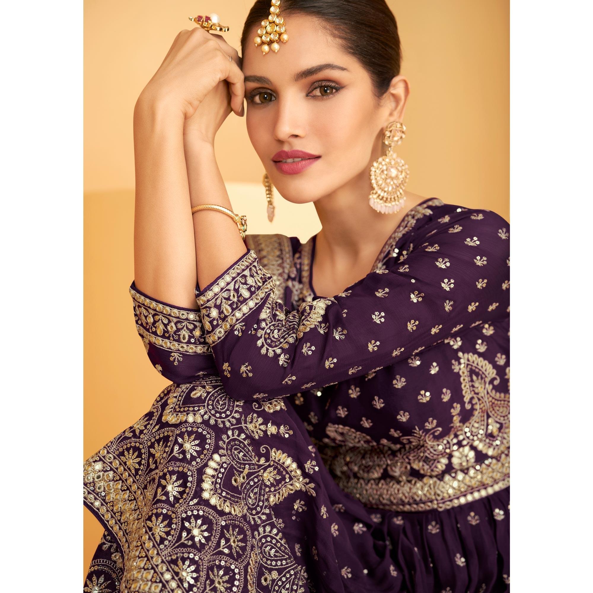 Purple Sequence Embroidered Georgette Sharara Suit - Peachmode