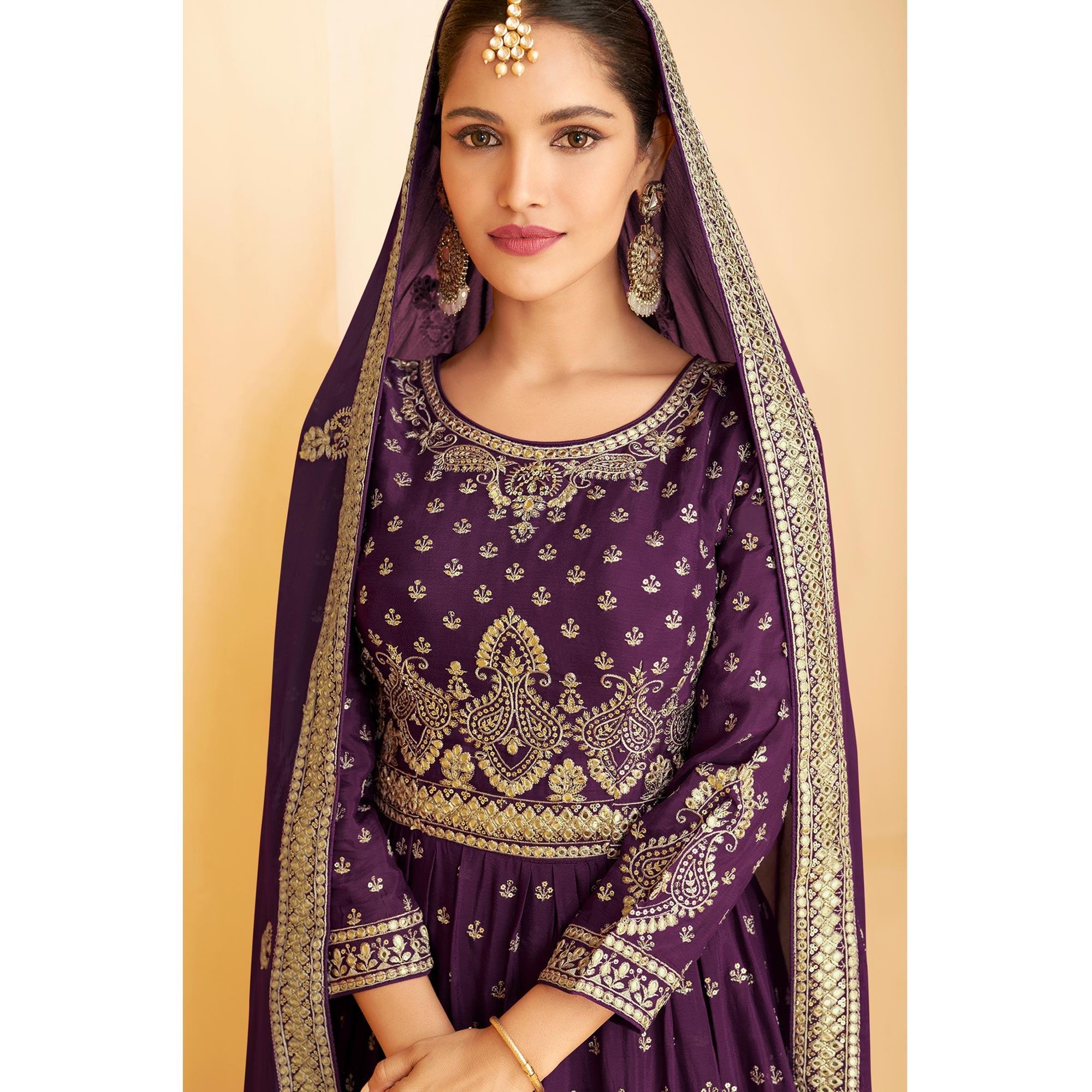 Purple Sequence Embroidered Georgette Sharara Suit - Peachmode