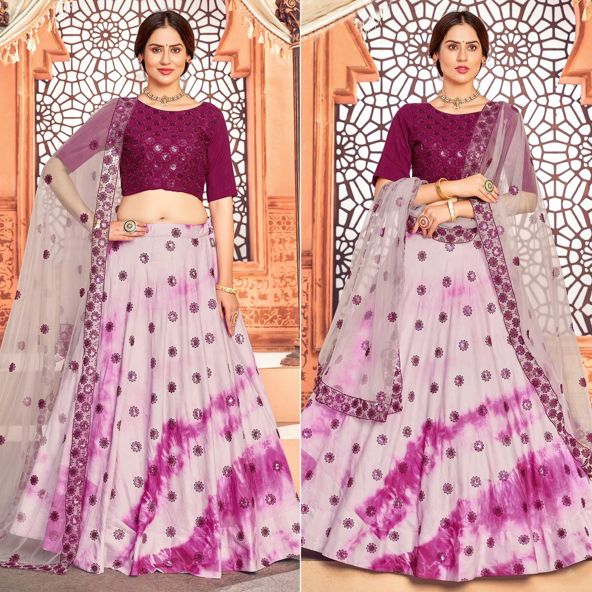 Purple Sequence Embroidered Poly Cotton Lehenga Choli - Peachmode