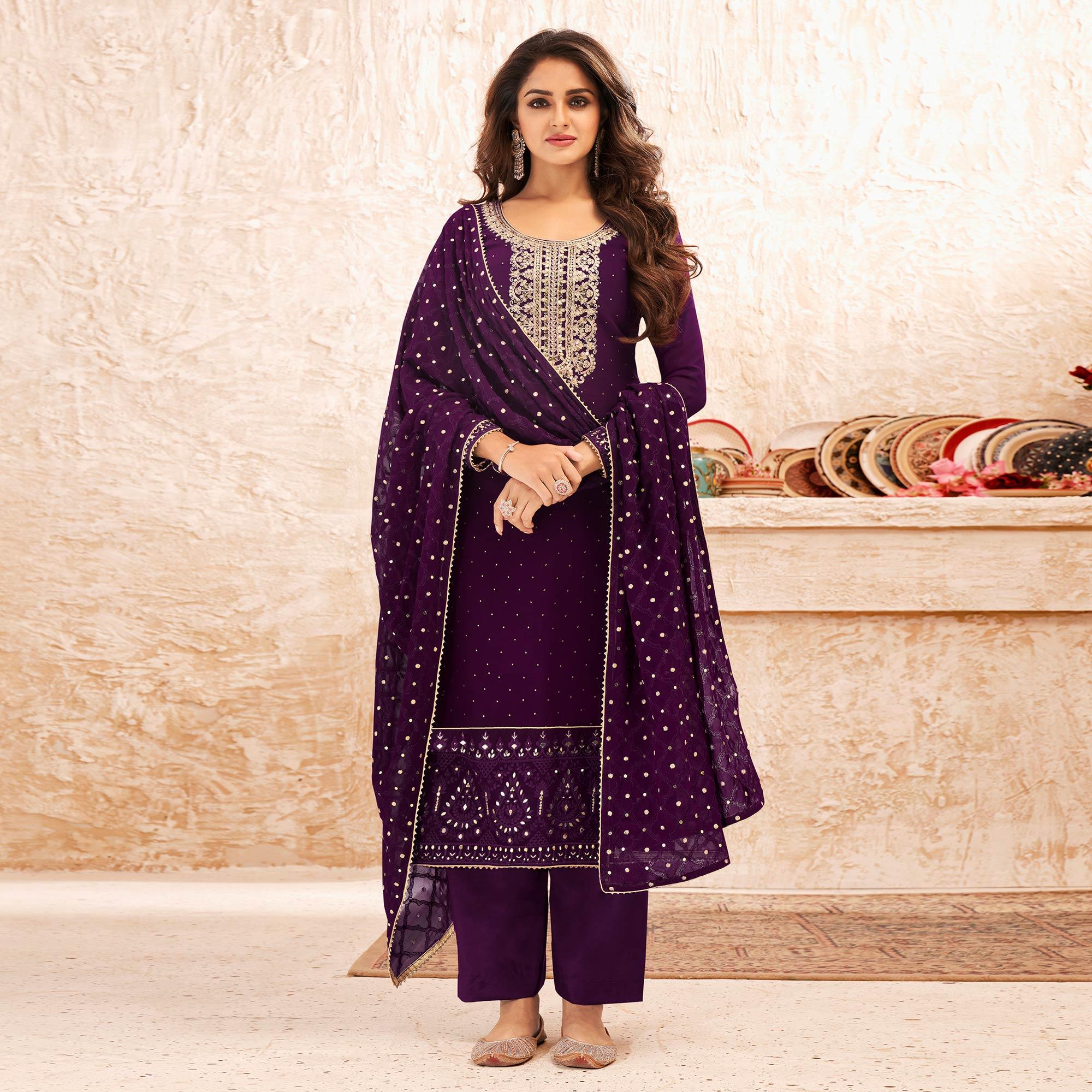 Purple Sequence Embroidered Real Georgette Partywear Suit - Peachmode