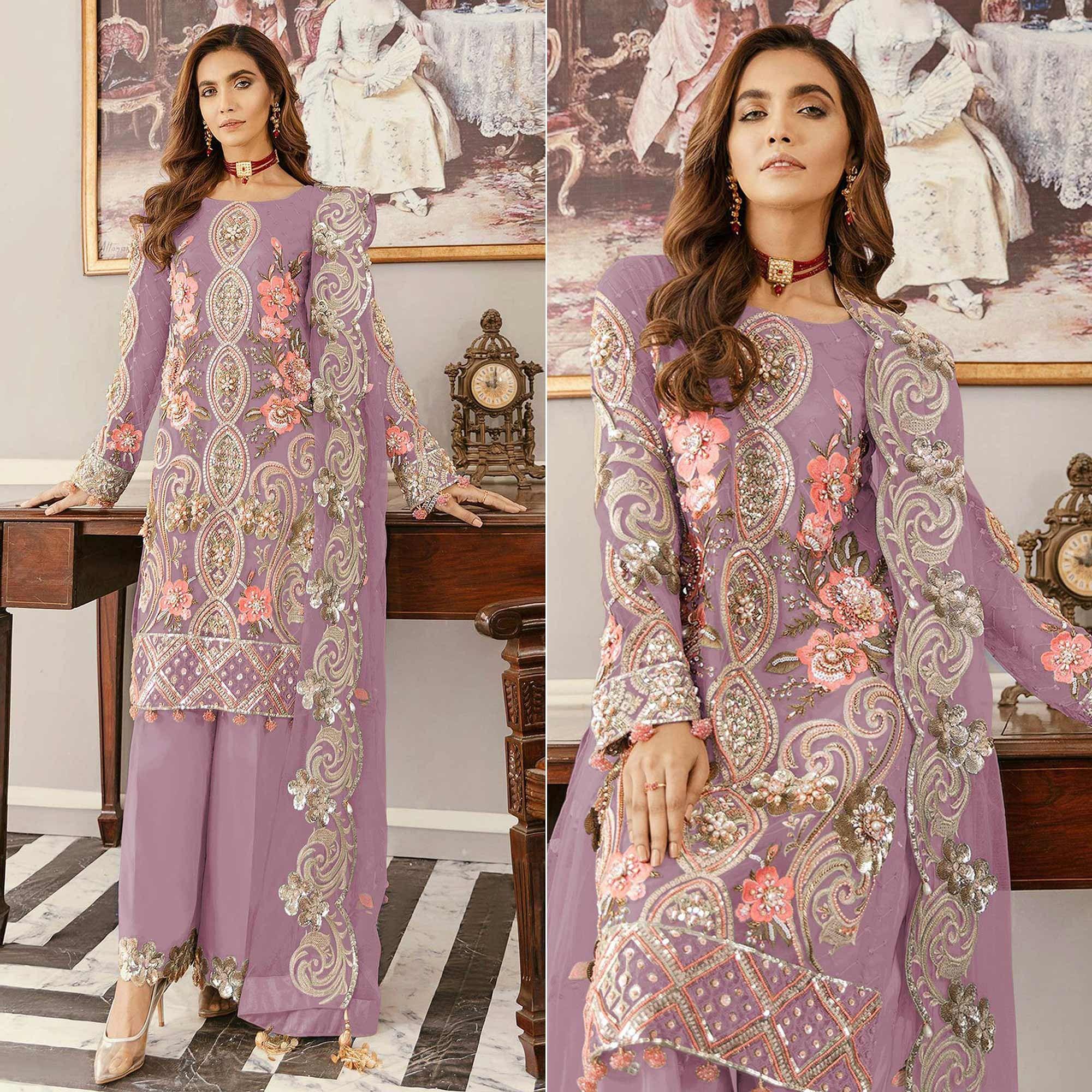 Purple Sequence Embroidered Soft Net Partywear Pakistani Suit - Peachmode