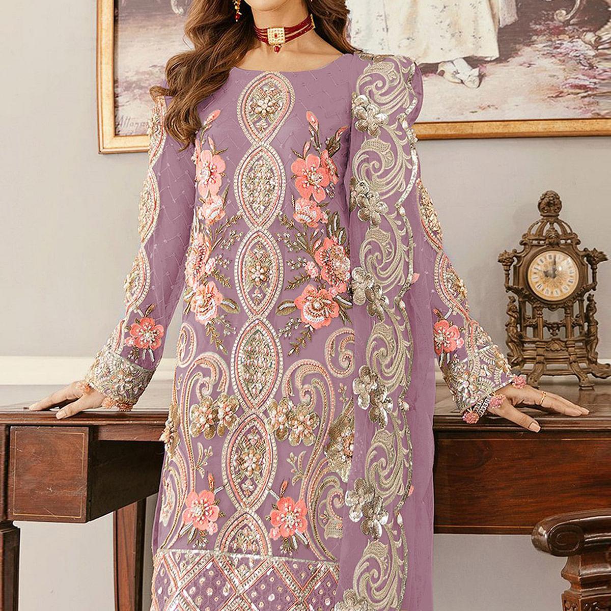 Purple Sequence Embroidered Soft Net Partywear Pakistani Suit - Peachmode