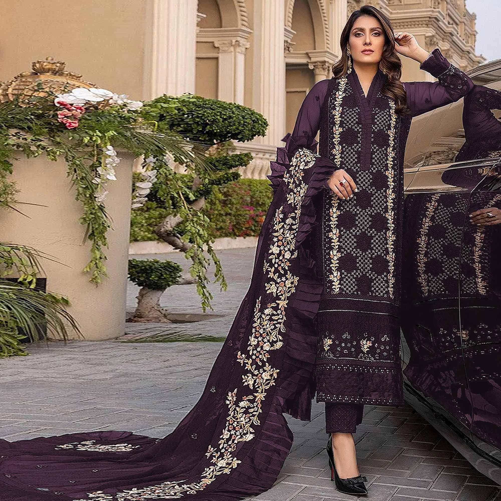 Purple Sequence With Floral Embroidered Georgette Pakistani Suit - Peachmode