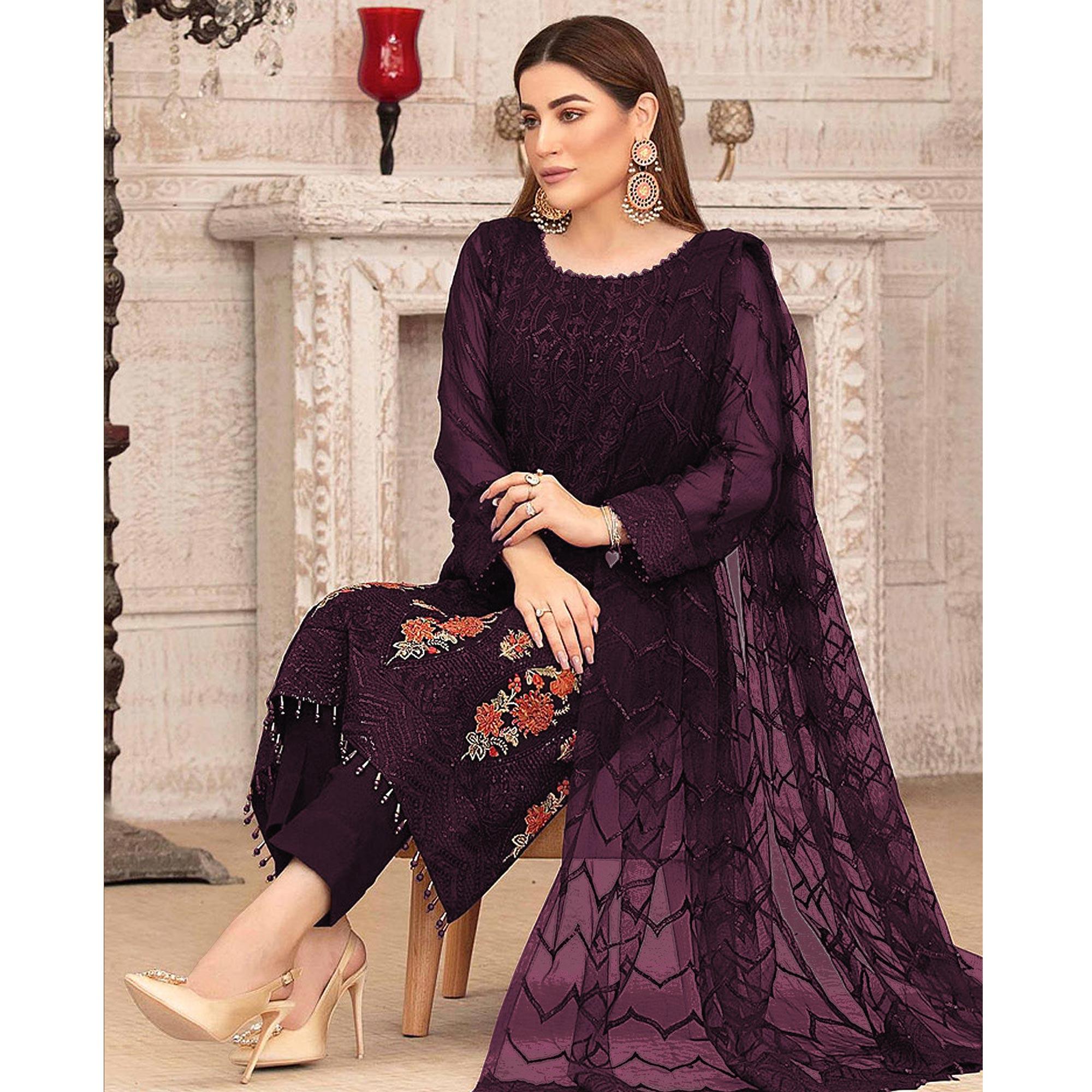 Purple Sequence With Floral Embroidered Georgette Pakistani Suit - Peachmode