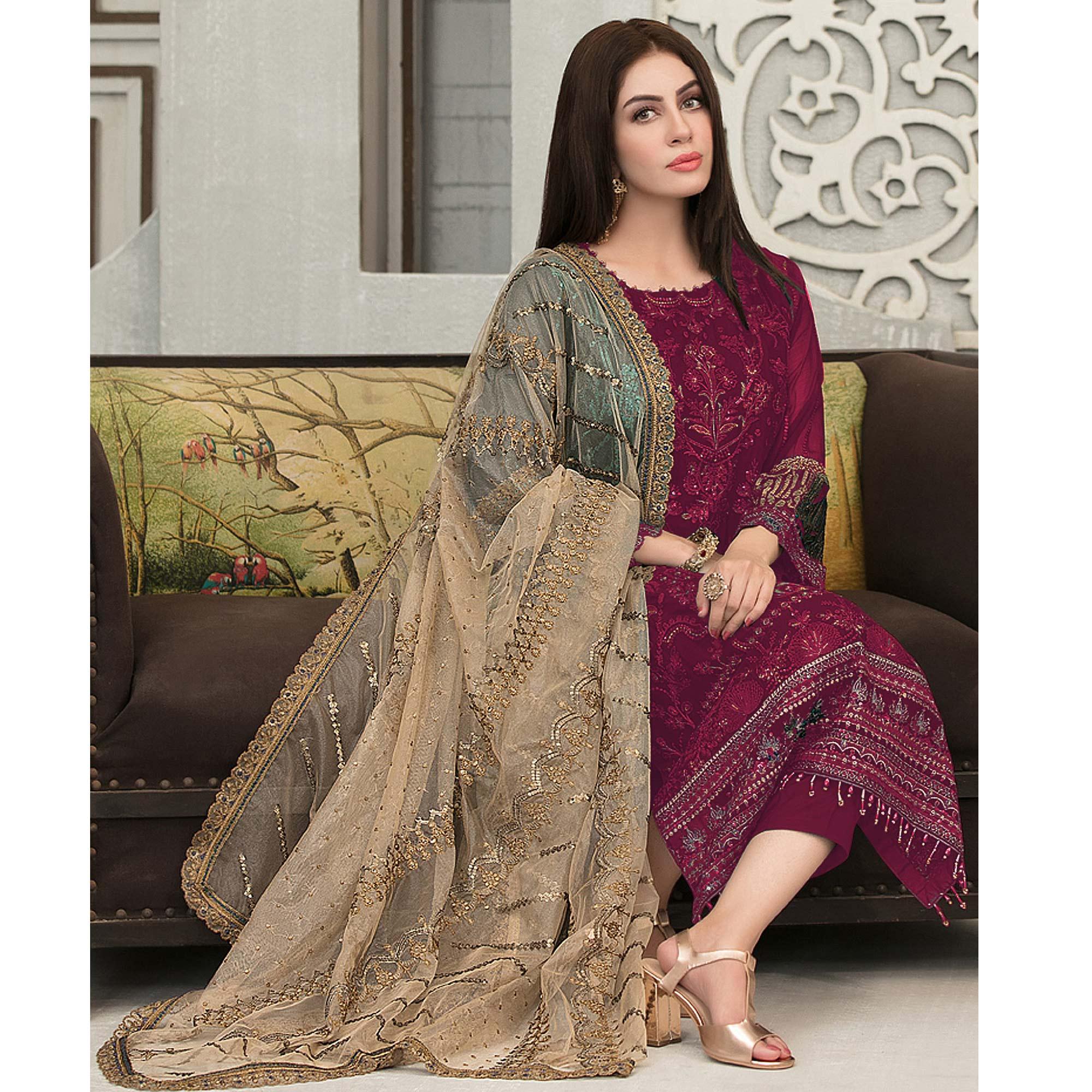 Purple Sequence With Floral Embroidered Georgette Pakistani Suit - Peachmode