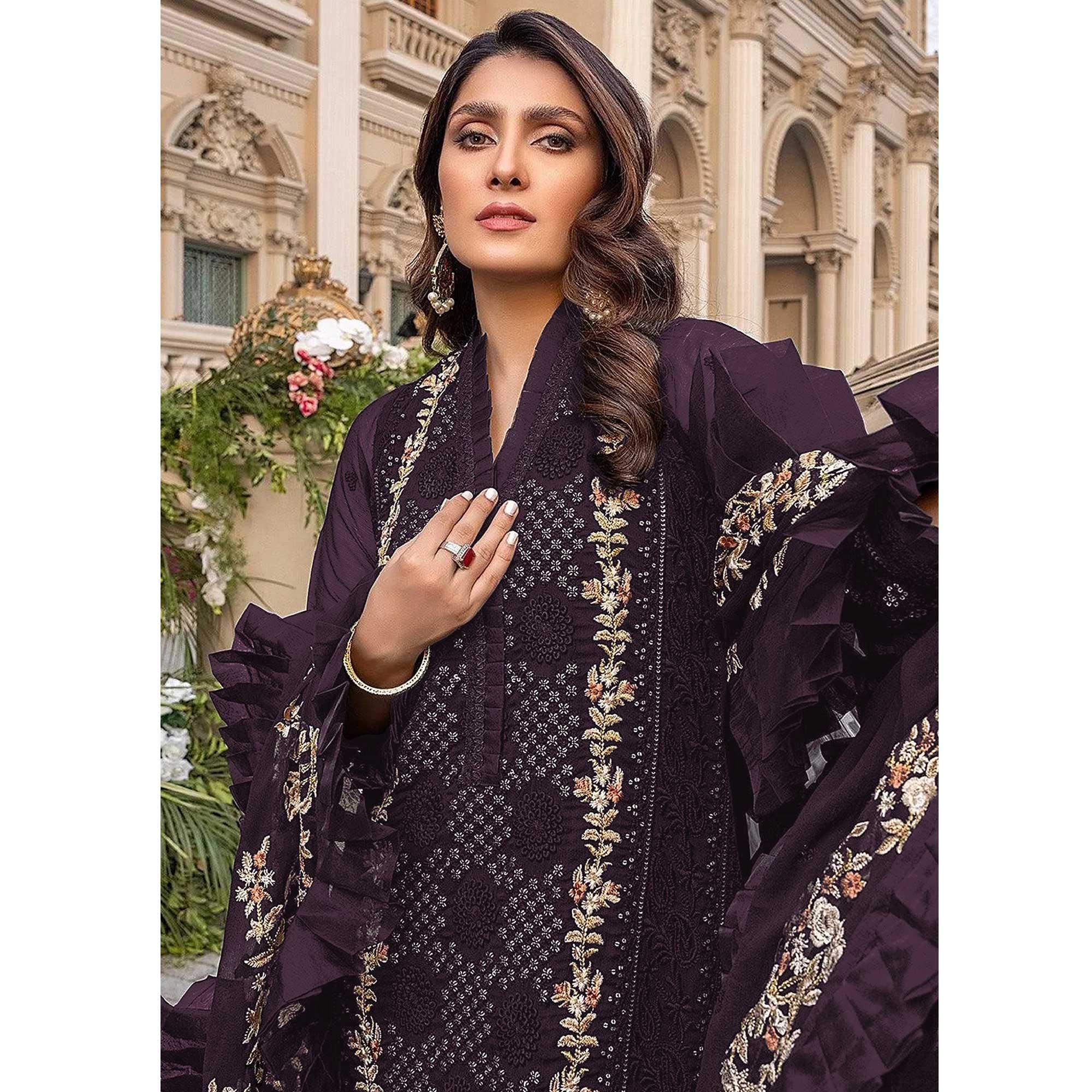 Purple Sequence With Floral Embroidered Georgette Pakistani Suit - Peachmode
