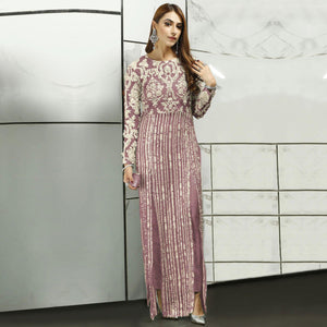 Purple Sequence With Floral Embroidered Net Pakistani Suit - Peachmode