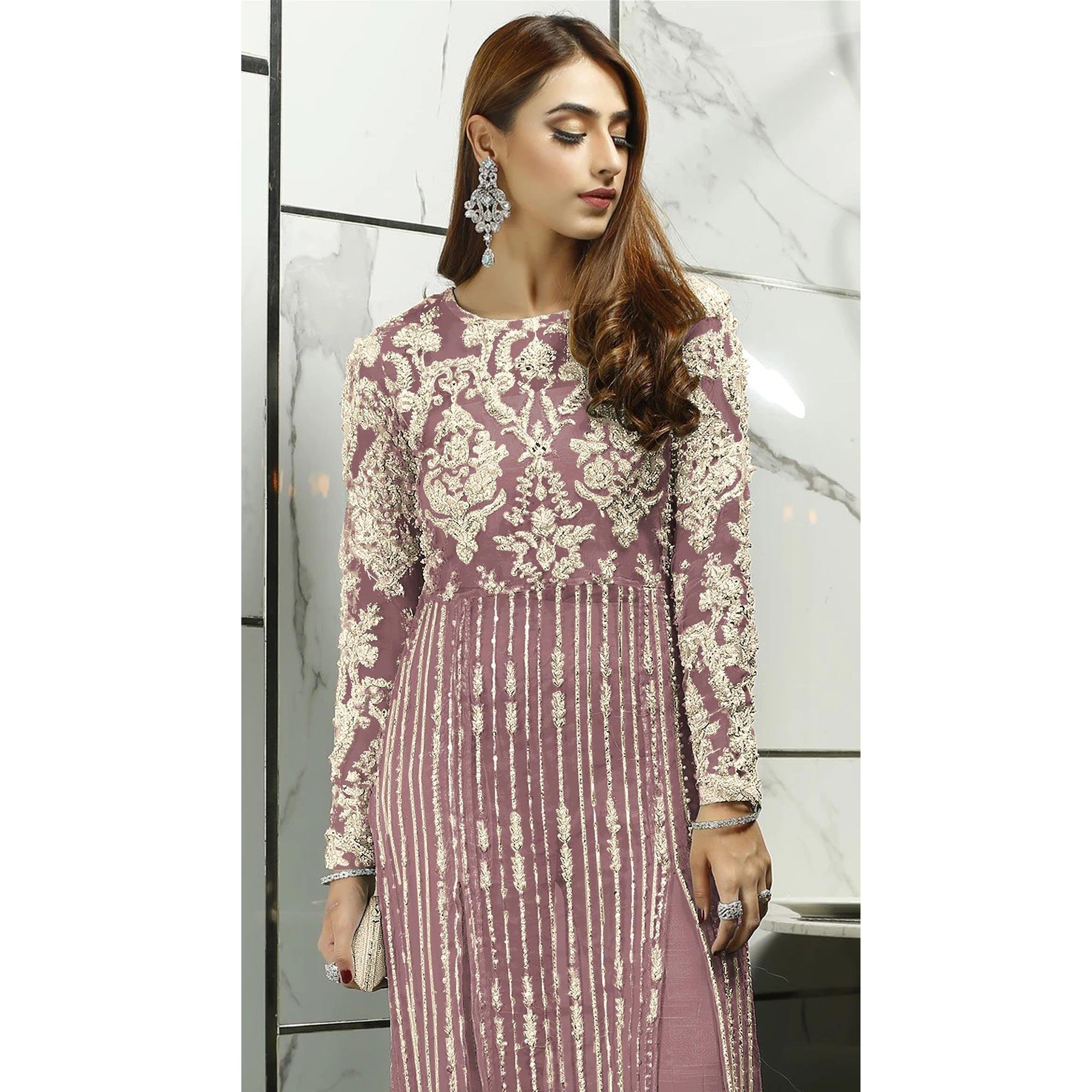 Purple Sequence With Floral Embroidered Net Pakistani Suit - Peachmode