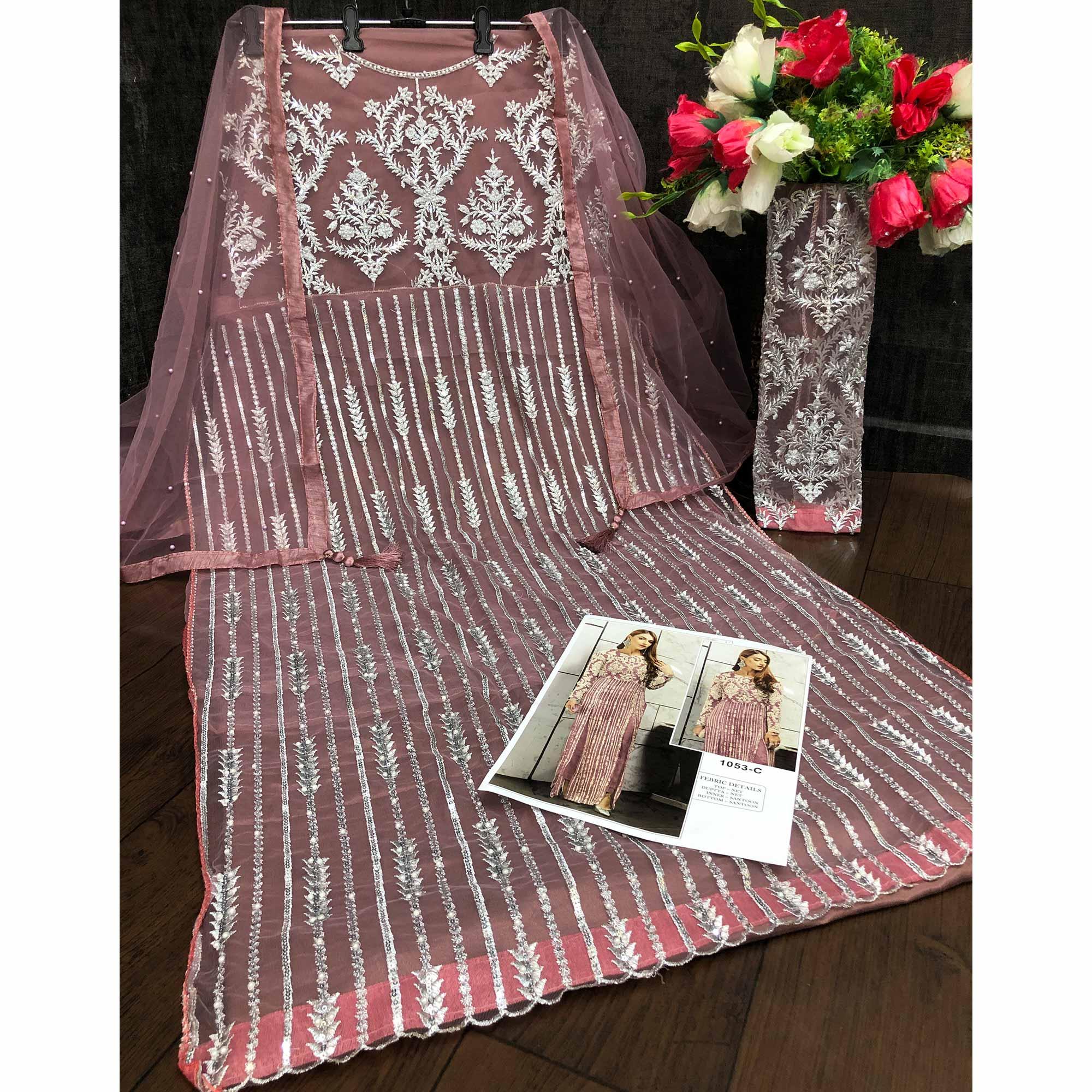 Purple Sequence With Floral Embroidered Net Pakistani Suit - Peachmode