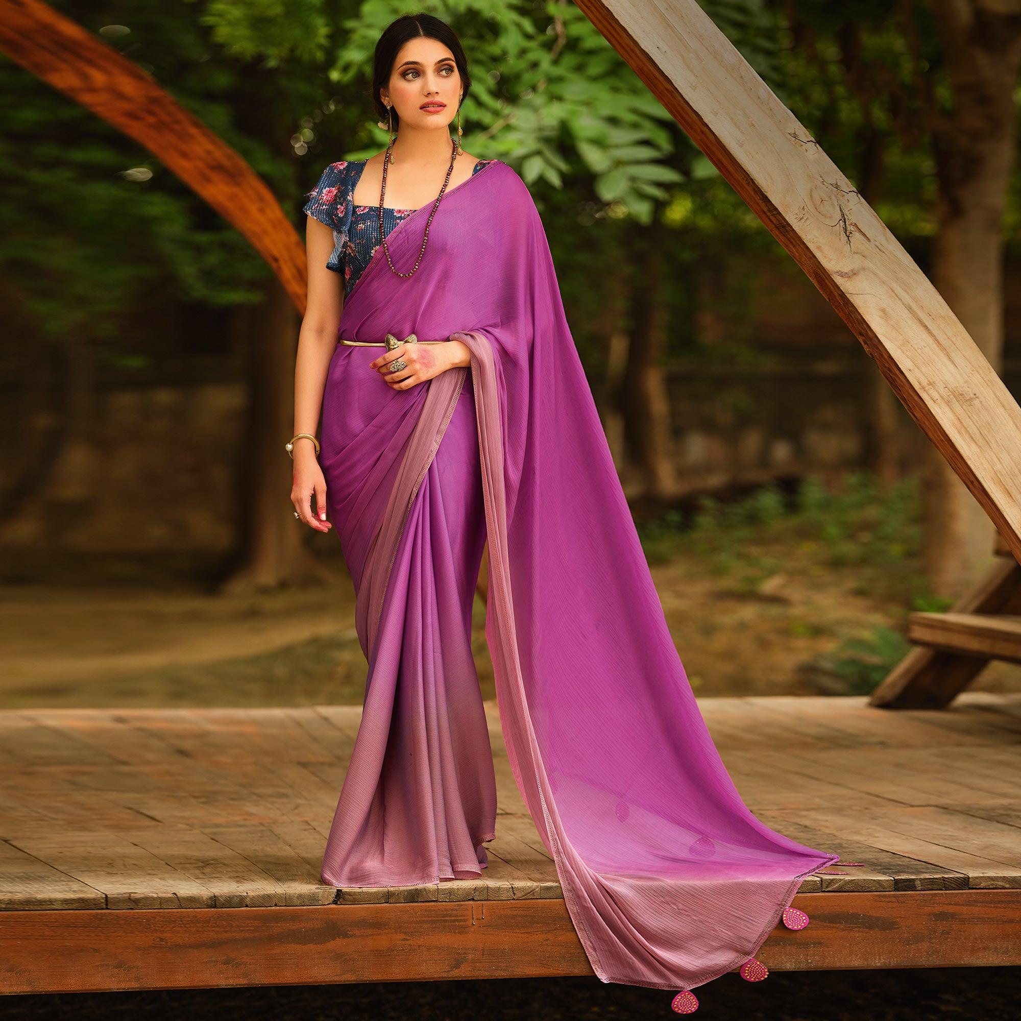 Purple Solid Chiffon Saree - Peachmode