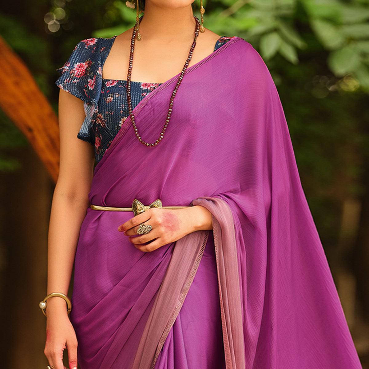 Purple Solid Chiffon Saree - Peachmode