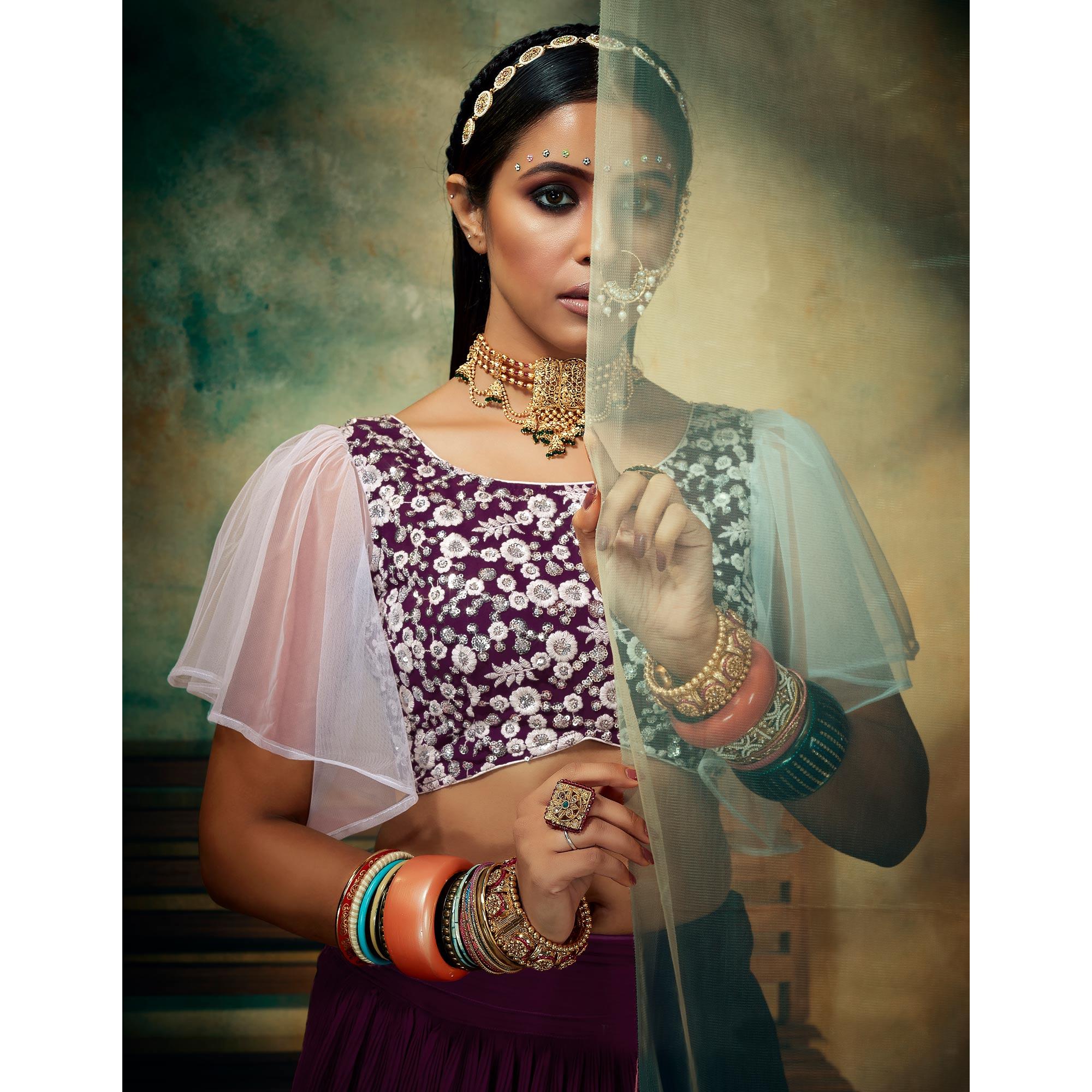 Purple Solid Georgette Lehenga Choli - Peachmode