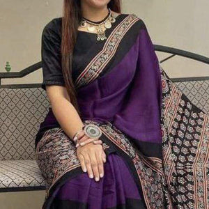 Purple Solid Linen Saree - Peachmode
