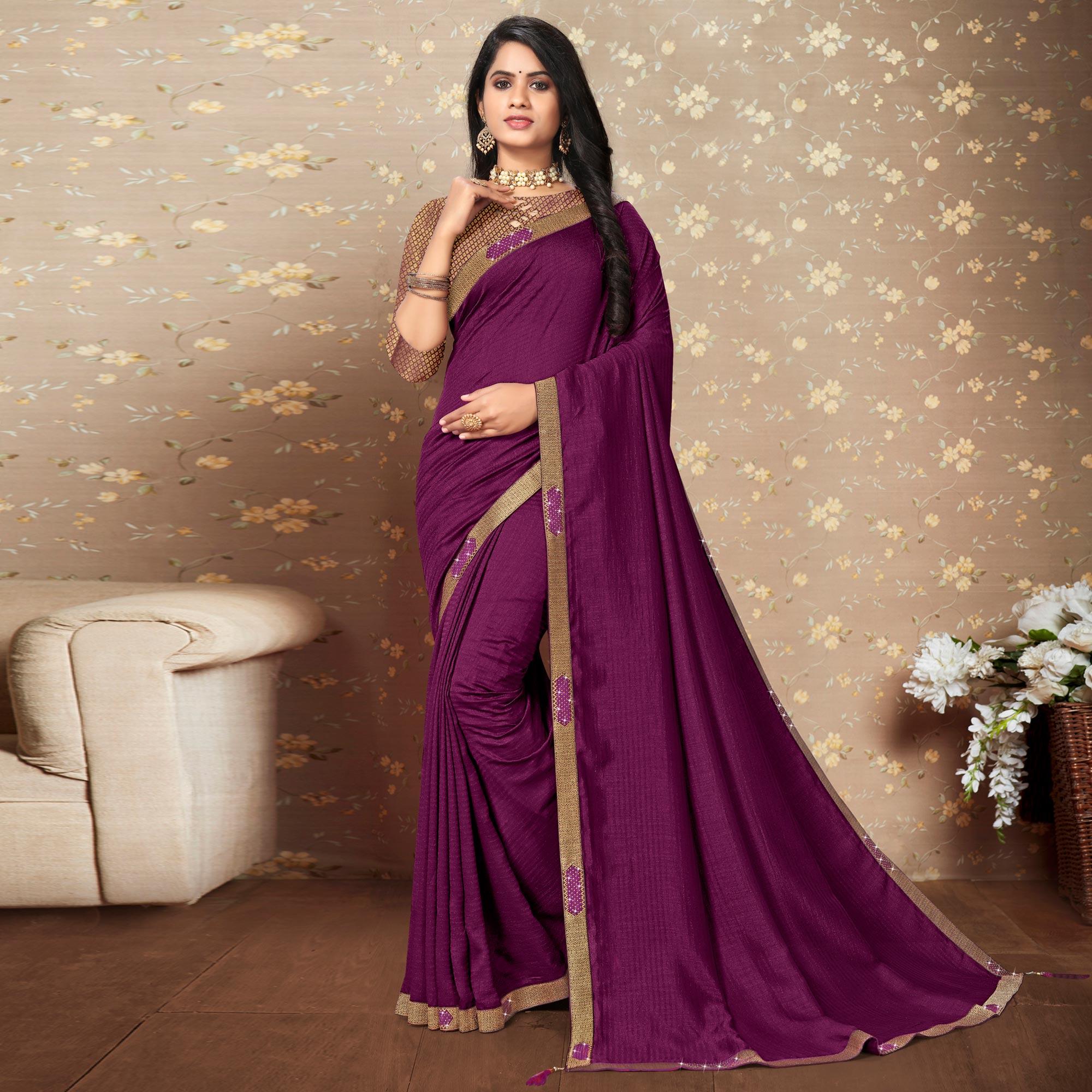 Purple Solid Vichitra Silk Saree - Peachmode