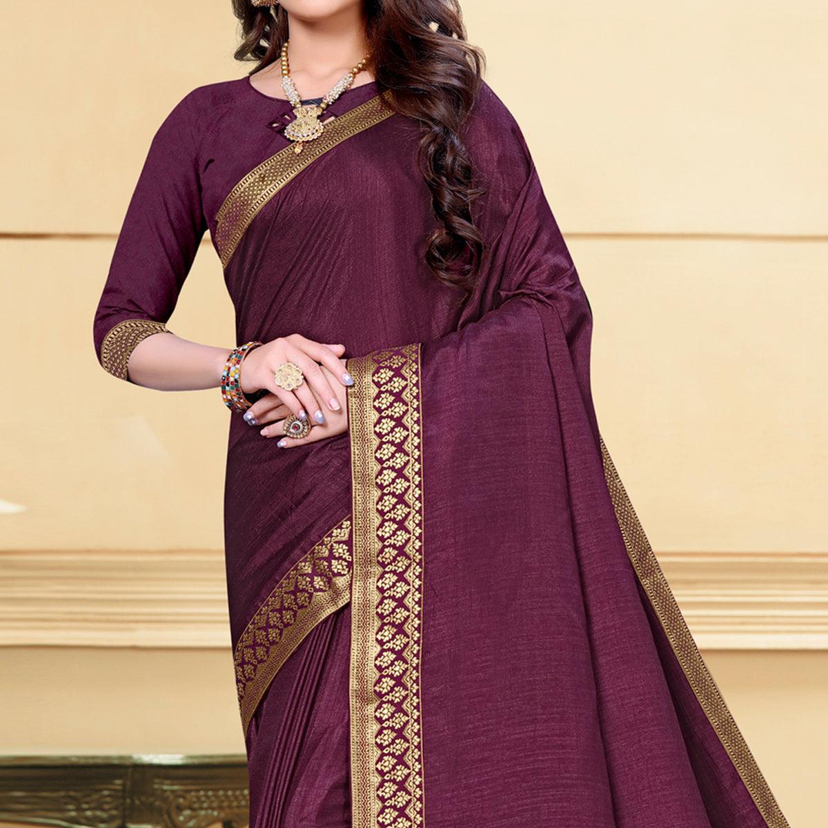 Purple Solid Vichitra Silk Saree - Peachmode