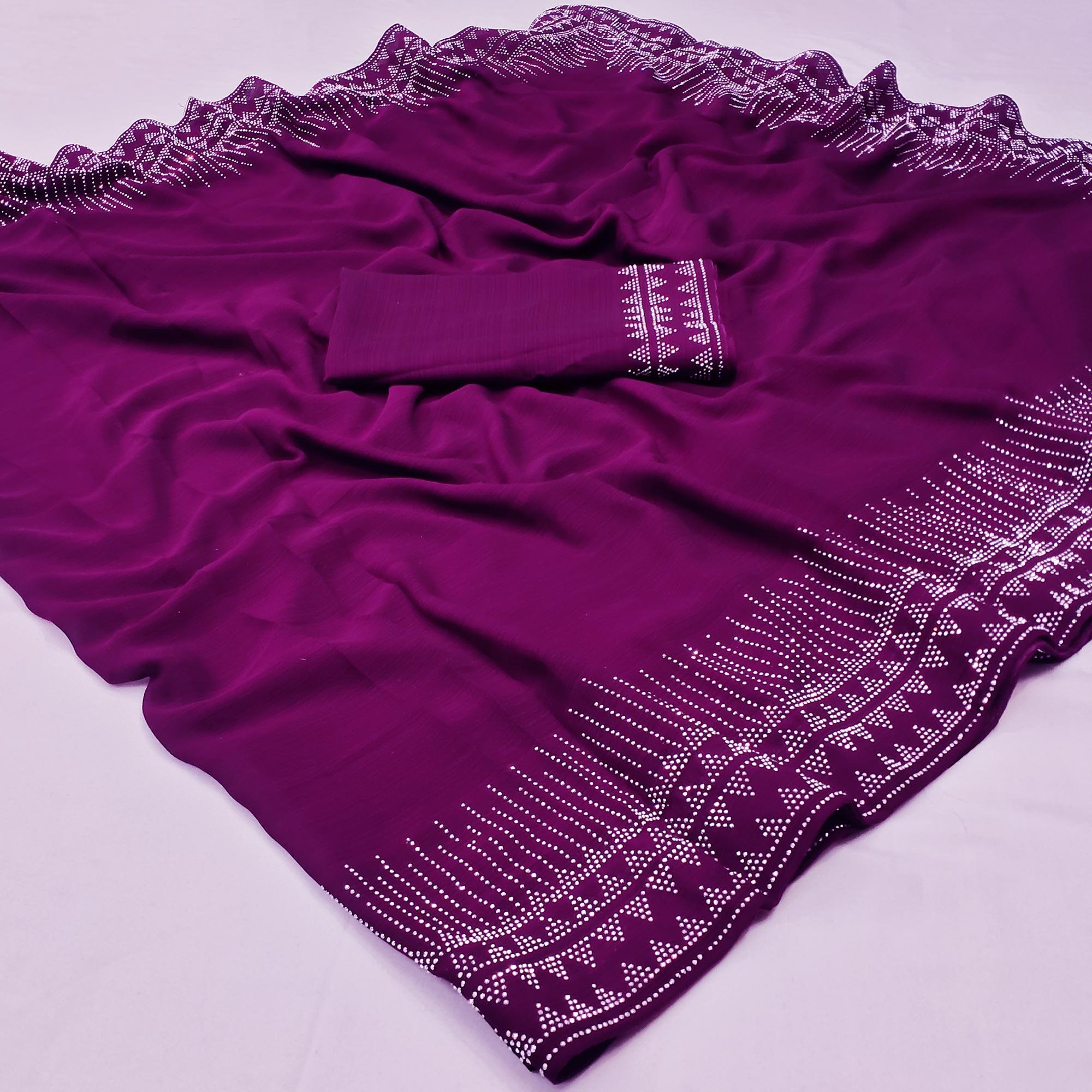 Purple Solid With Sequence Work Chiffon Saree - Peachmode