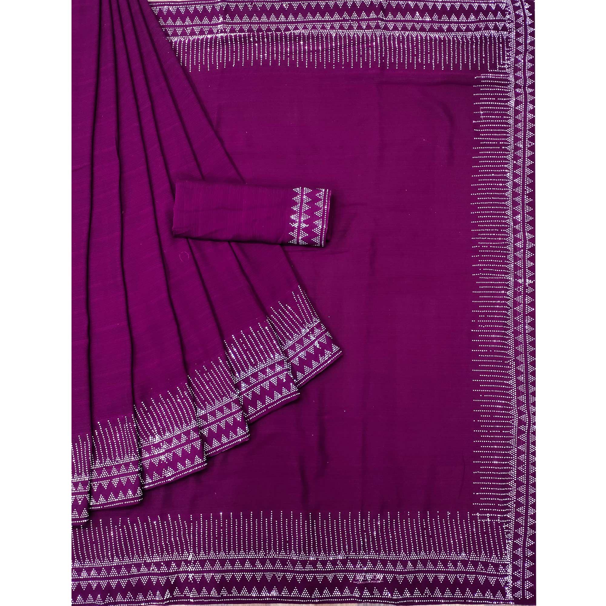 Purple Solid With Sequence Work Chiffon Saree - Peachmode