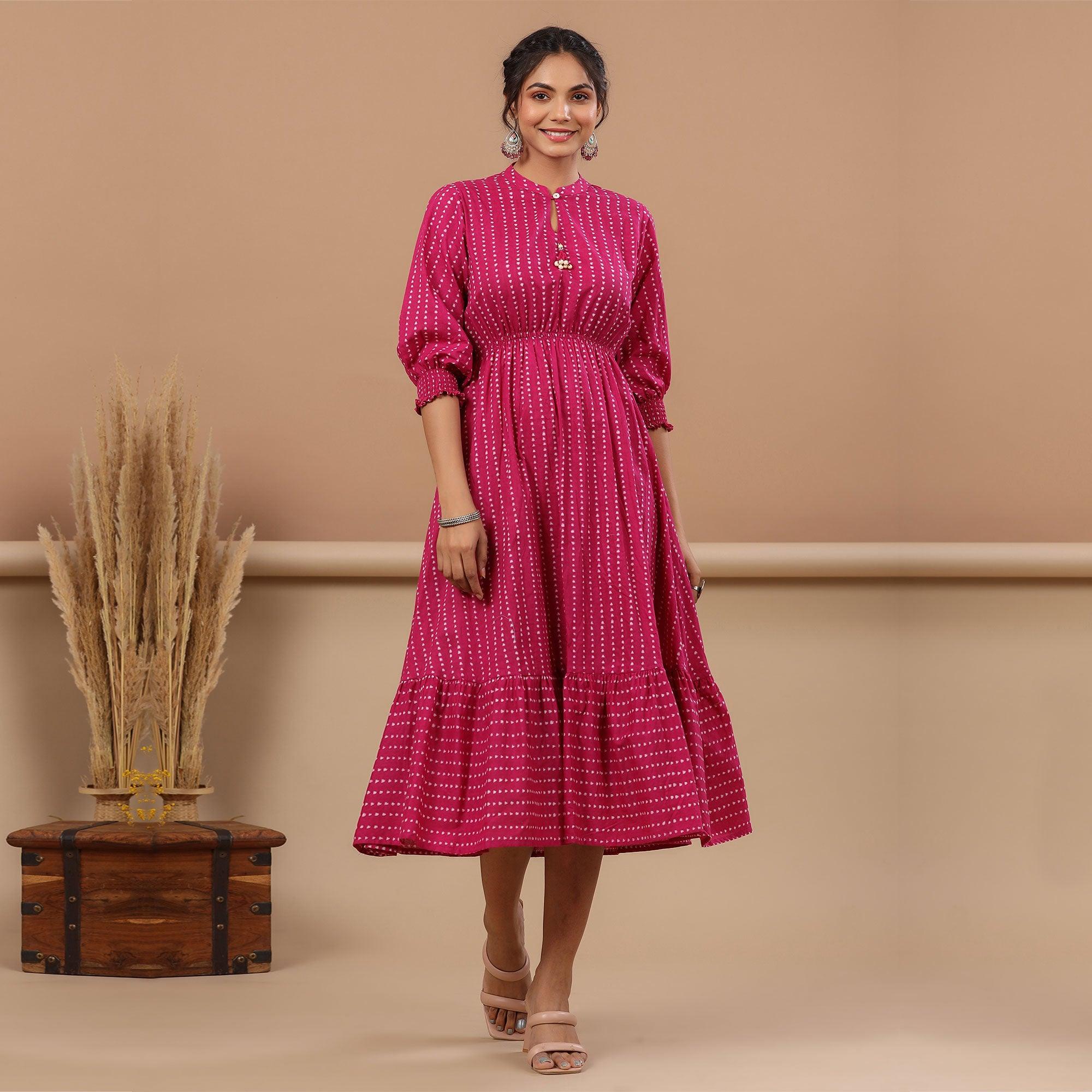 Purple Stripe Printed Pure Cotton Dress - Peachmode