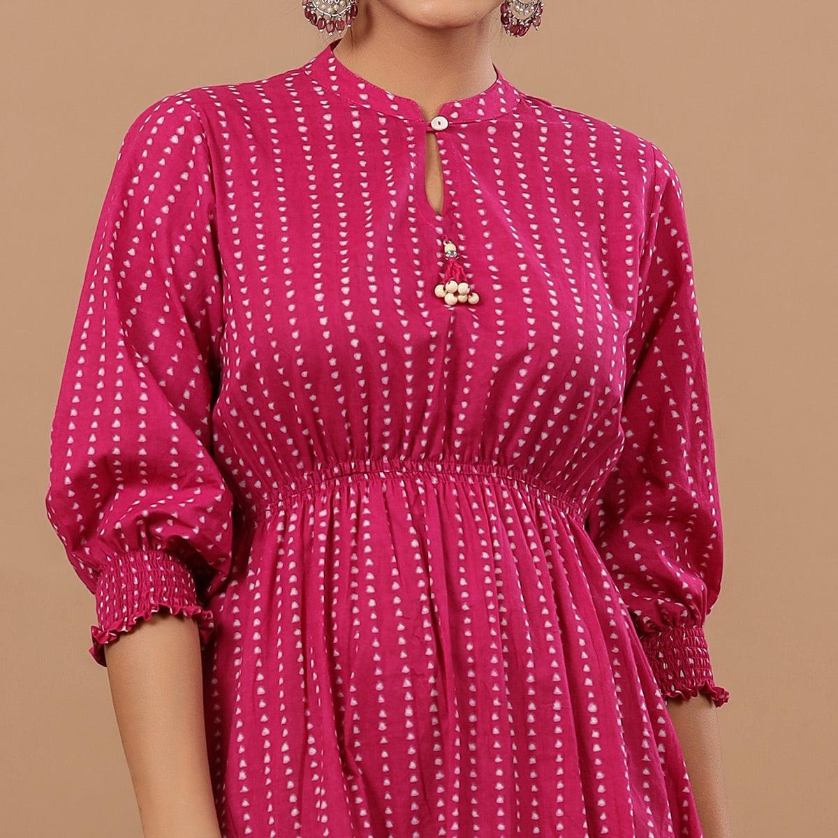 Purple Stripe Printed Pure Cotton Dress - Peachmode