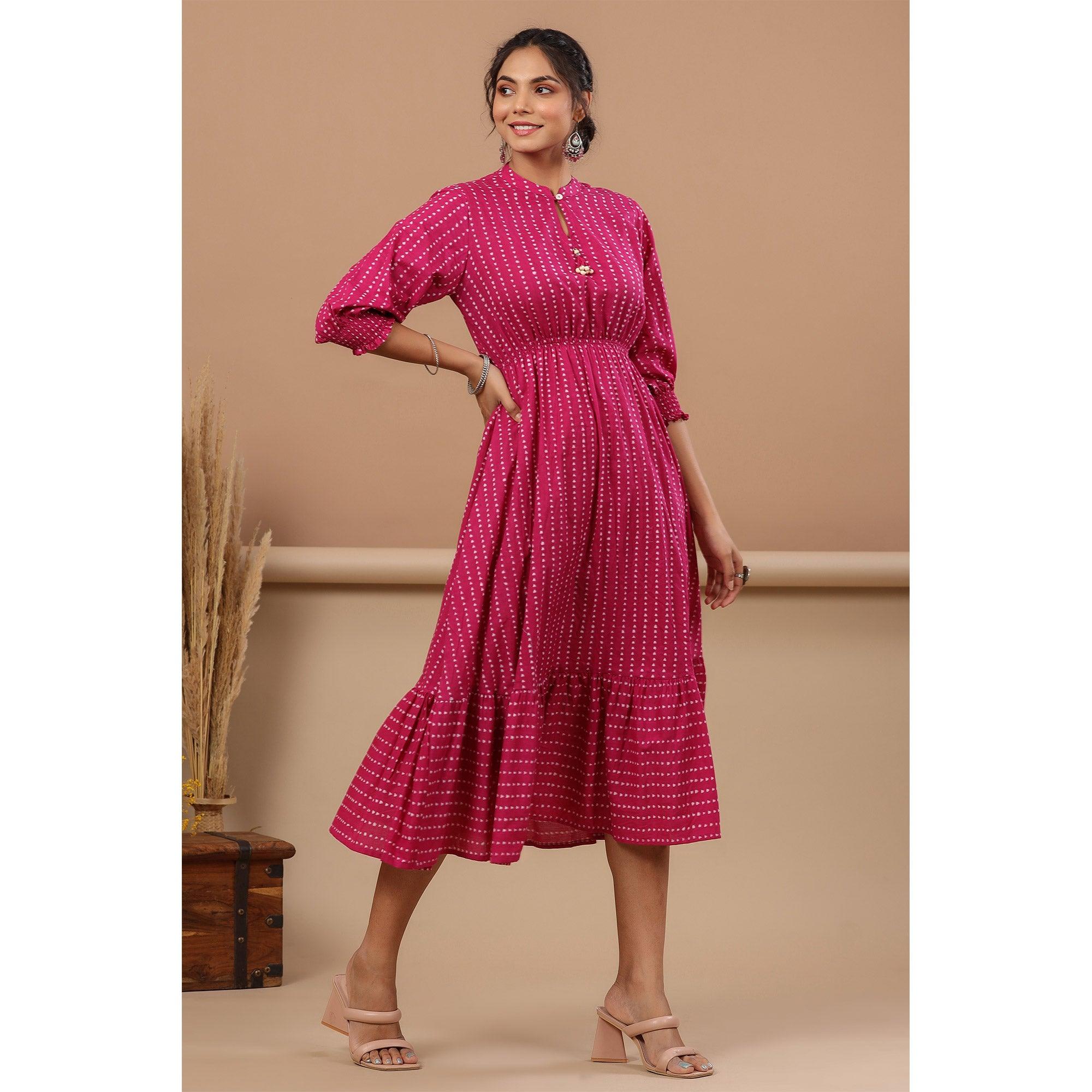 Purple Stripe Printed Pure Cotton Dress - Peachmode