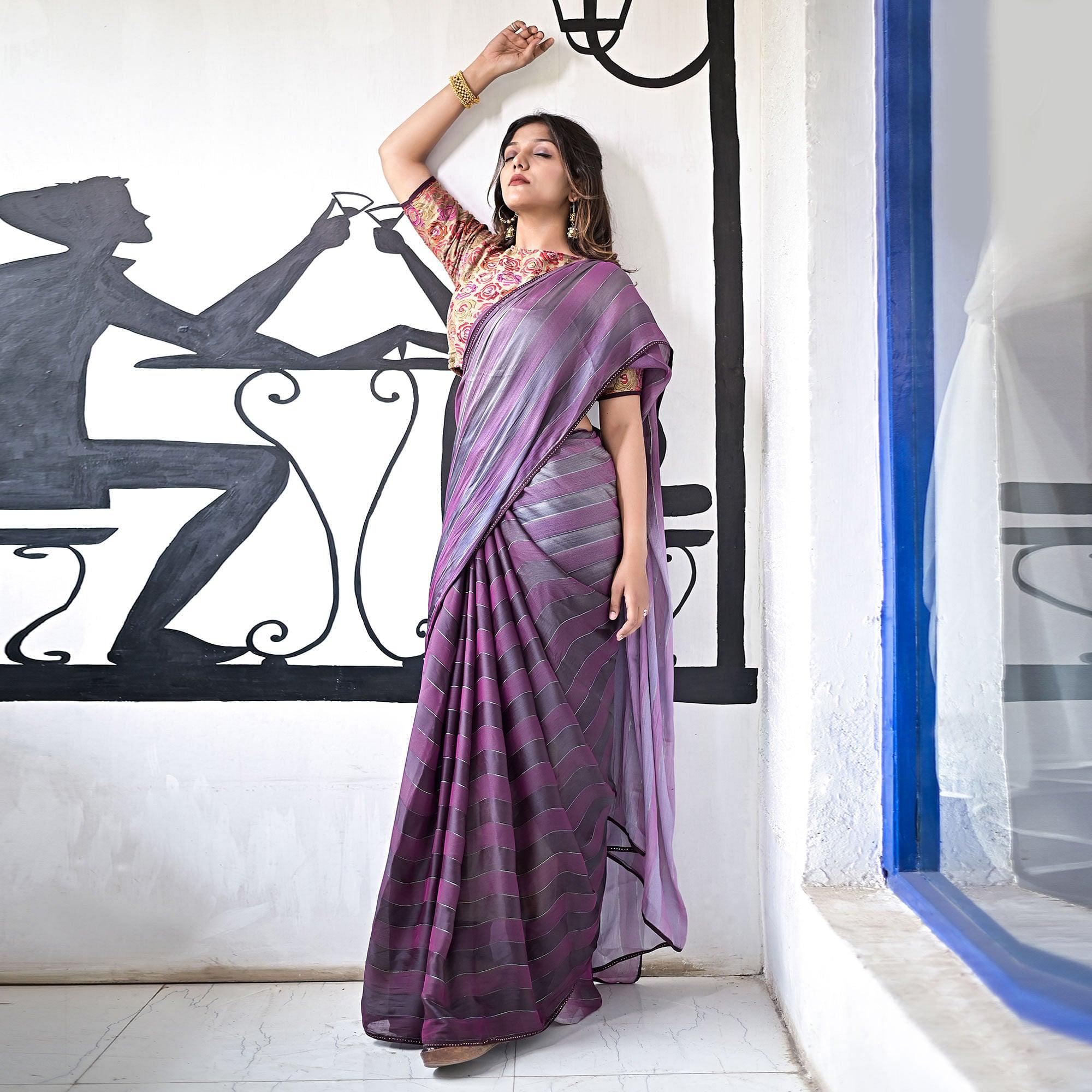 Purple Stripe Printed Satin Saree - Peachmode