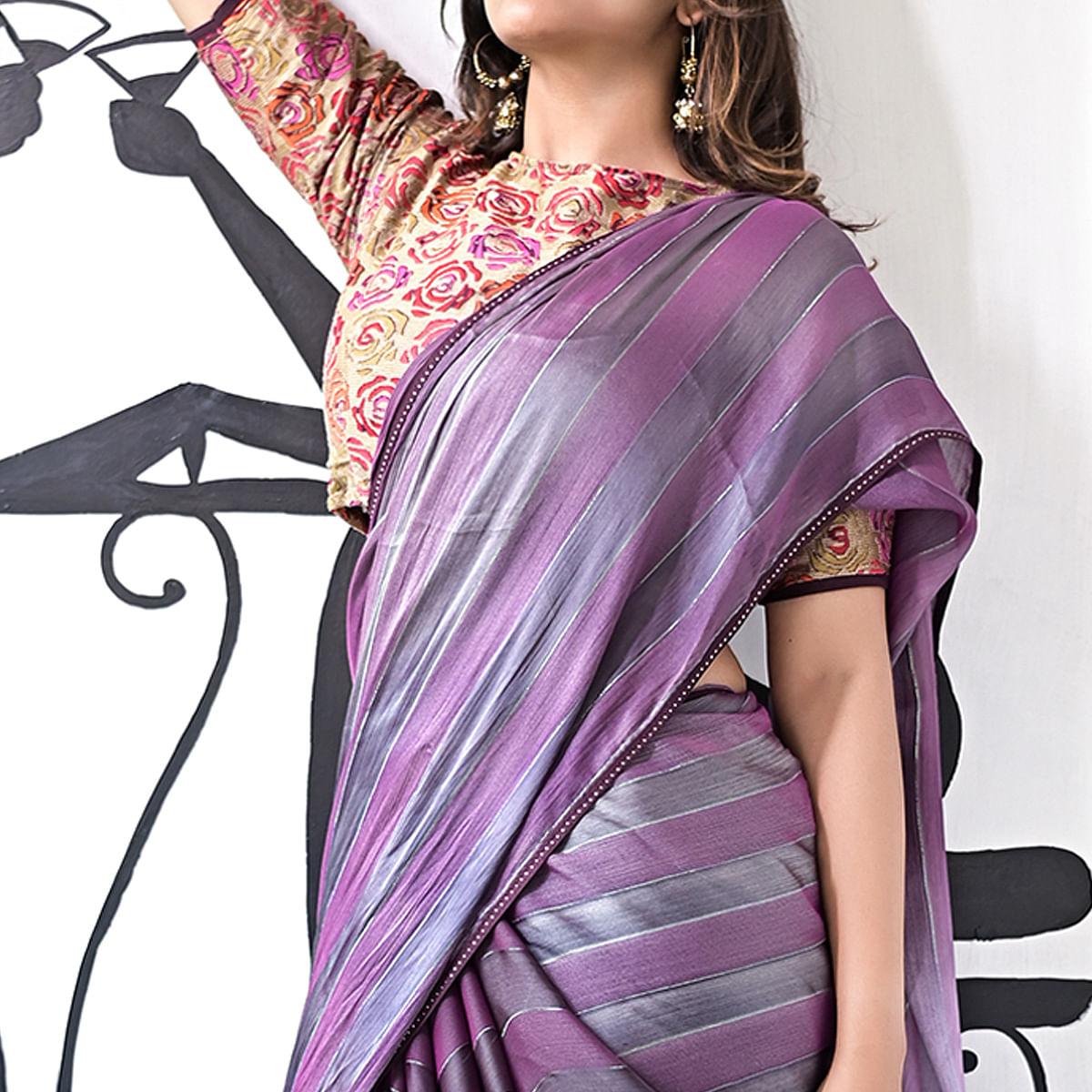 Purple Stripe Printed Satin Saree - Peachmode
