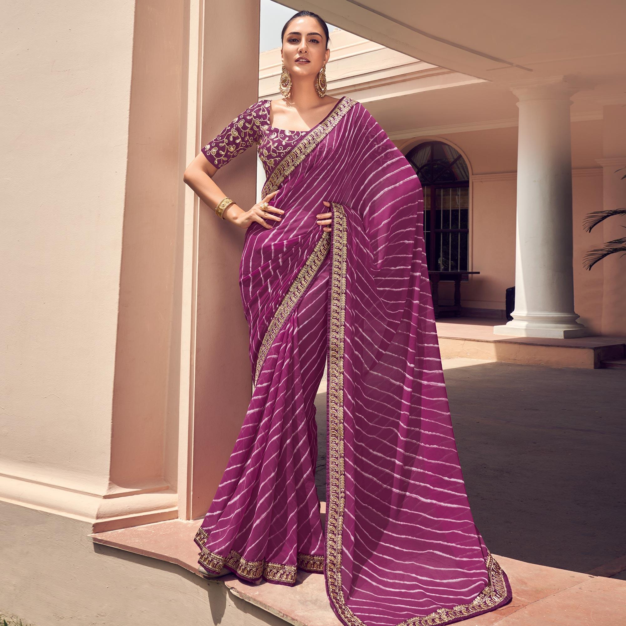 Purple Striped Printed Georgette Saree - Peachmode