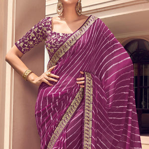 Purple Striped Printed Georgette Saree - Peachmode