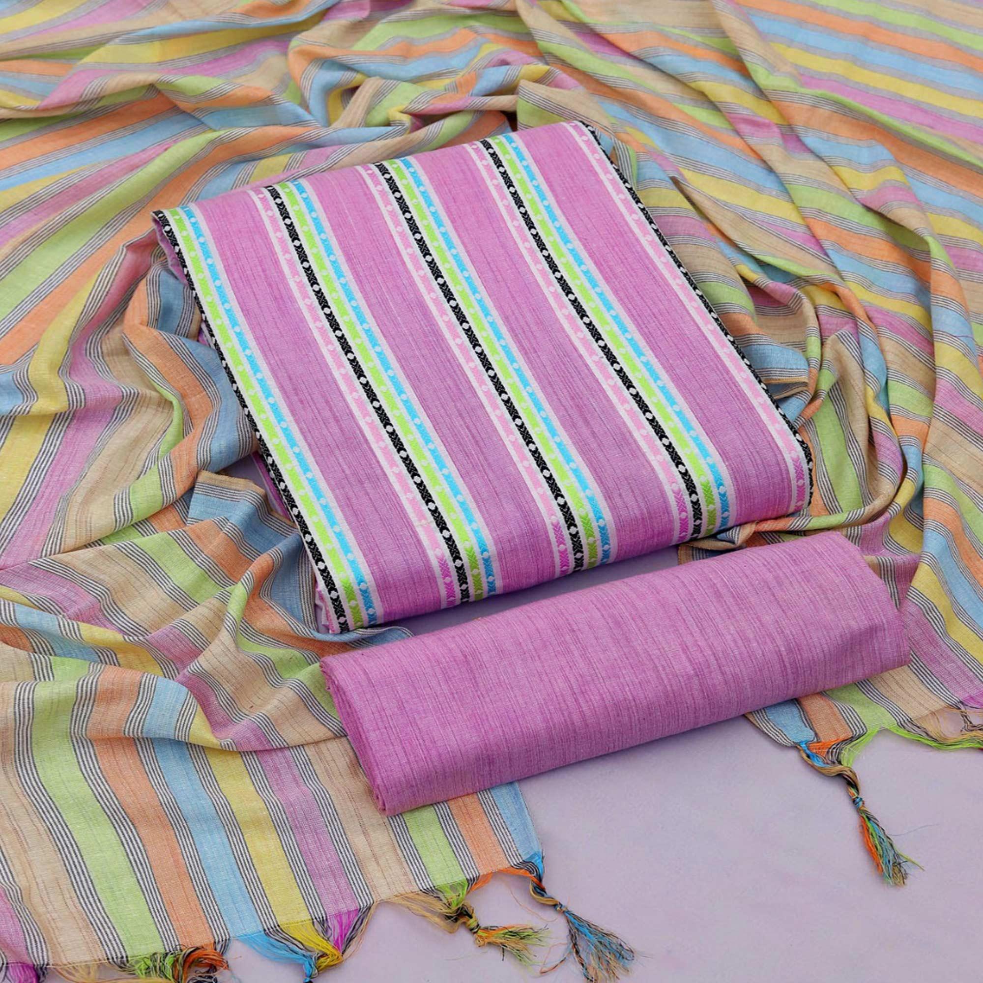 Purple Stripes Printed Cotton Blend Dress Material - Peachmode
