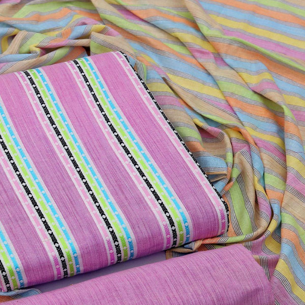 Purple Stripes Printed Cotton Blend Dress Material - Peachmode