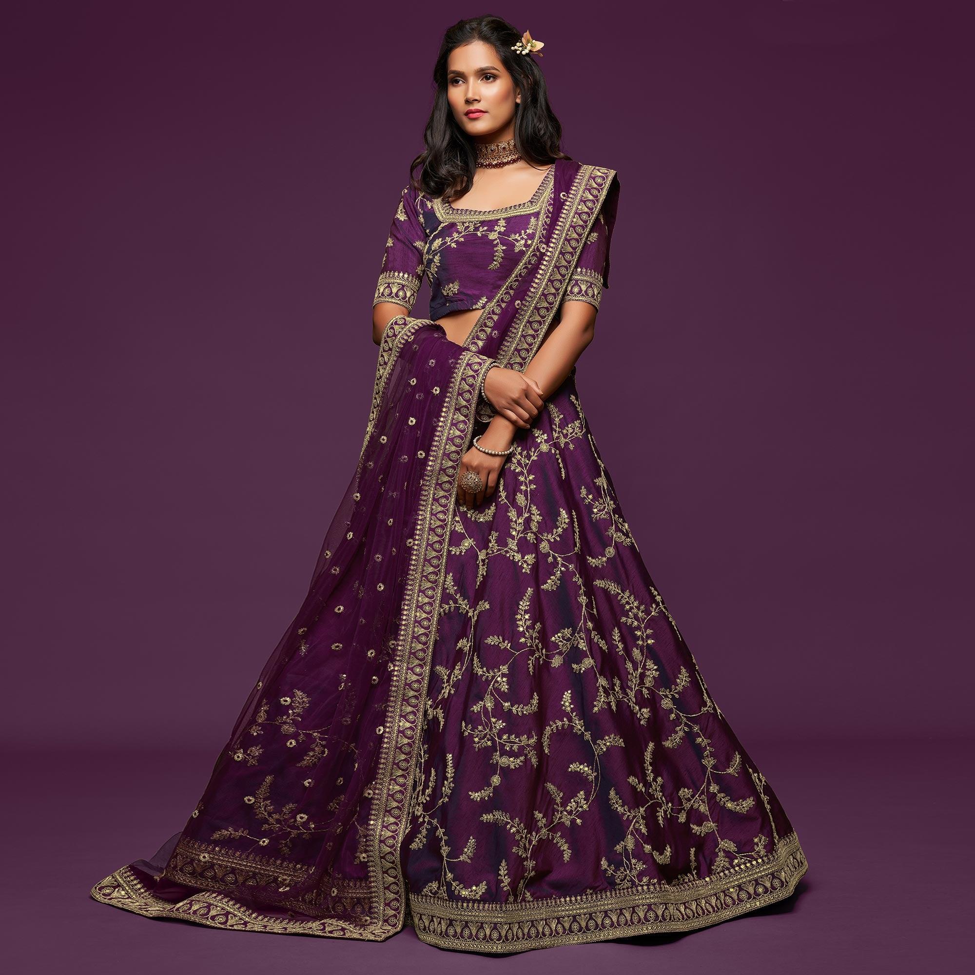 Purple Wedding Floral Sequins Embroidered Art Silk Lehenga Choli - Peachmode