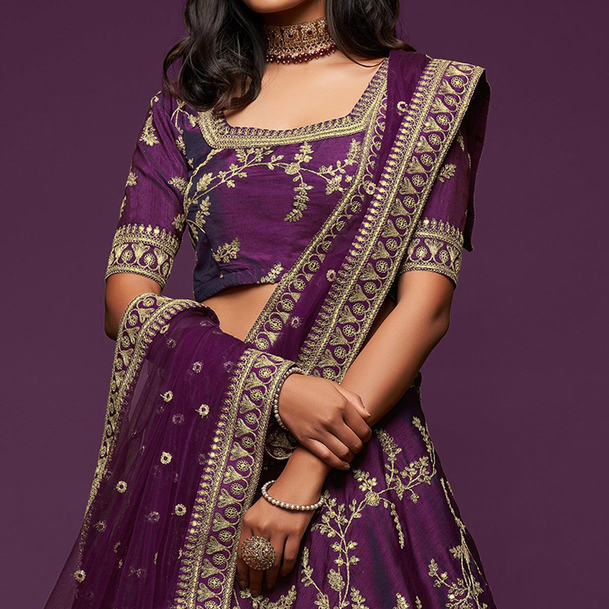 Purple Wedding Floral Sequins Embroidered Art Silk Lehenga Choli - Peachmode