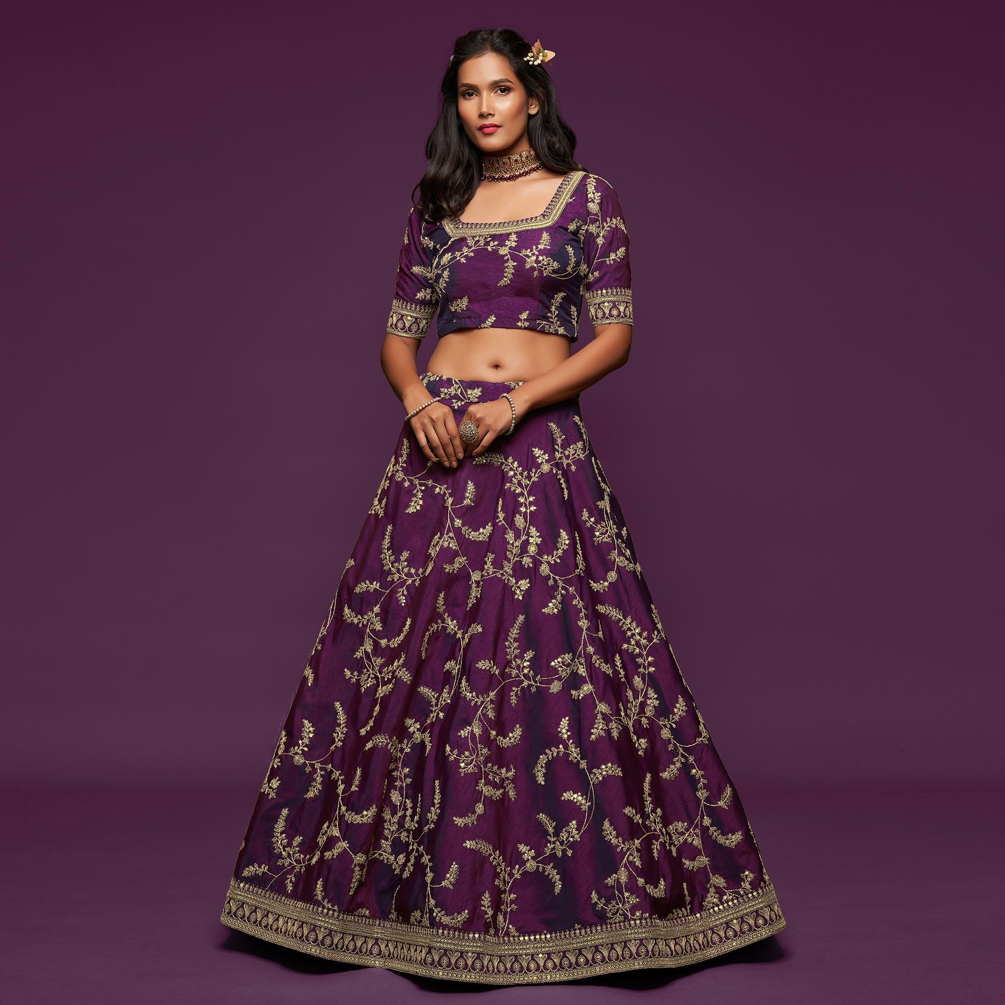 Purple Wedding Floral Sequins Embroidered Art Silk Lehenga Choli - Peachmode