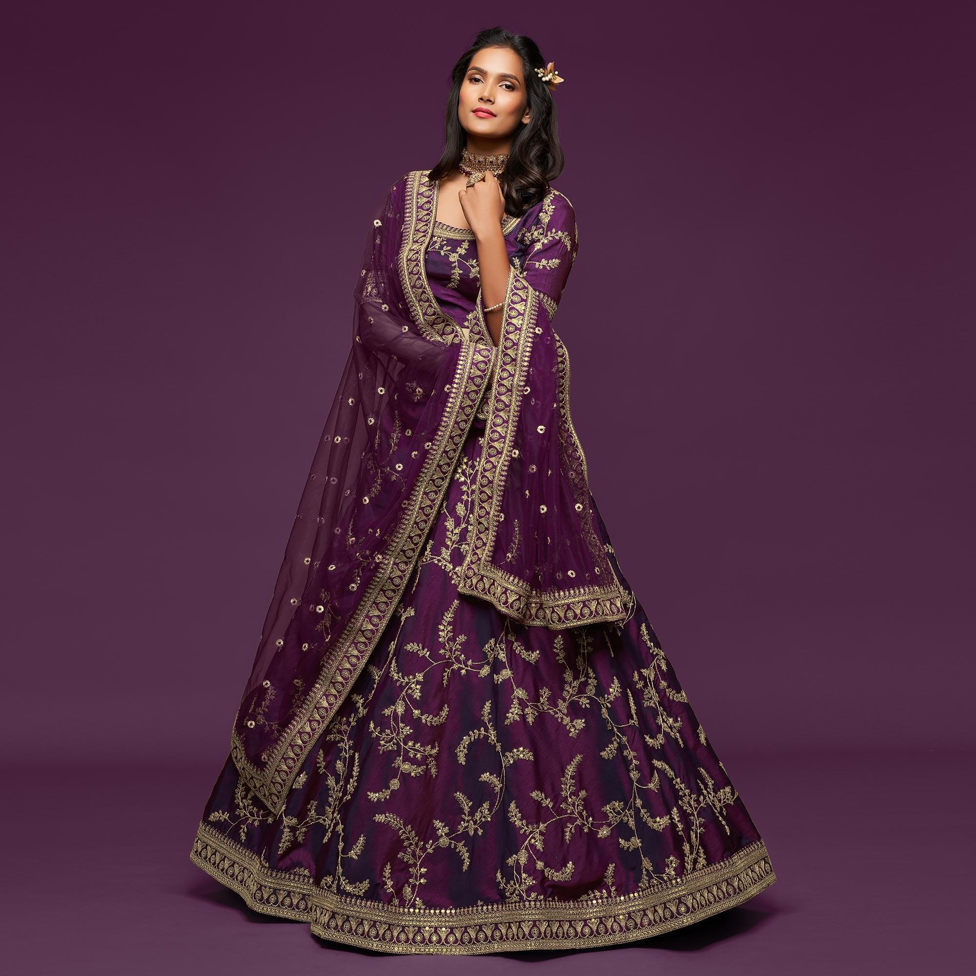 Purple Wedding Floral Sequins Embroidered Art Silk Lehenga Choli - Peachmode