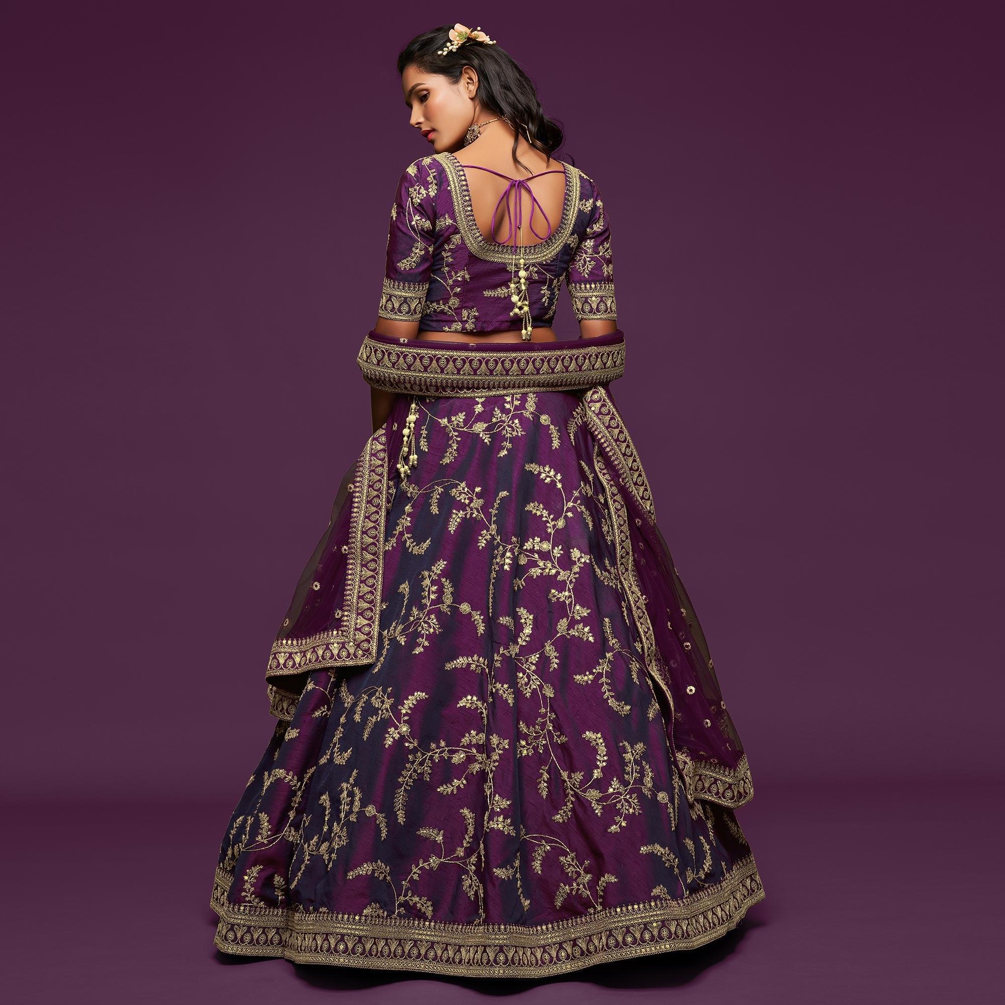 Purple Wedding Floral Sequins Embroidered Art Silk Lehenga Choli - Peachmode