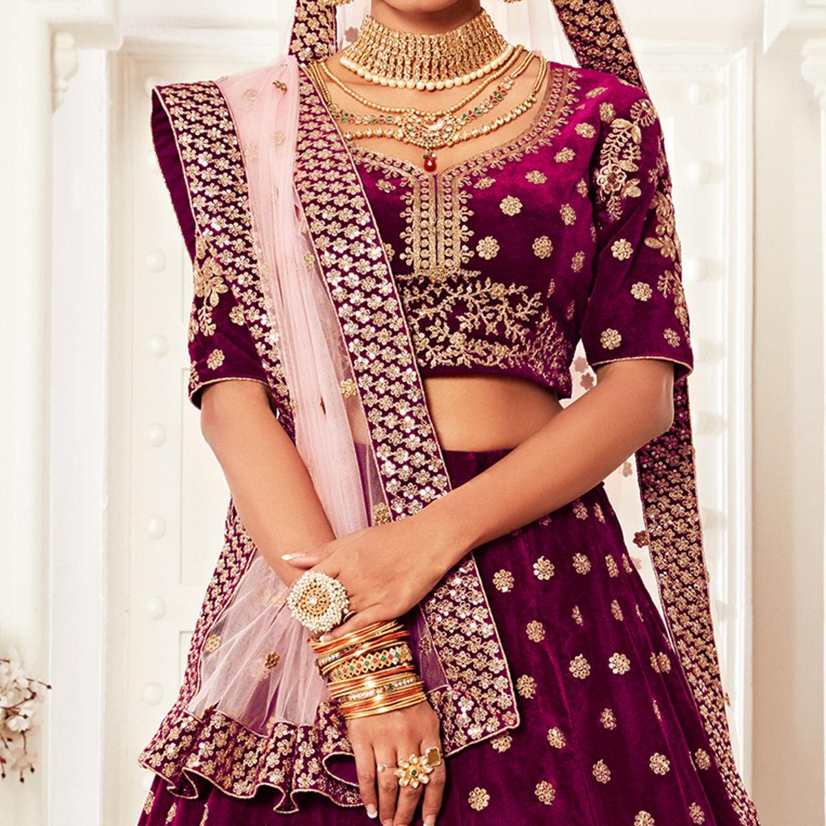 Purple Wedding Wear Floral Sequins Embroidered Velvet Lehenga Choli - Peachmode