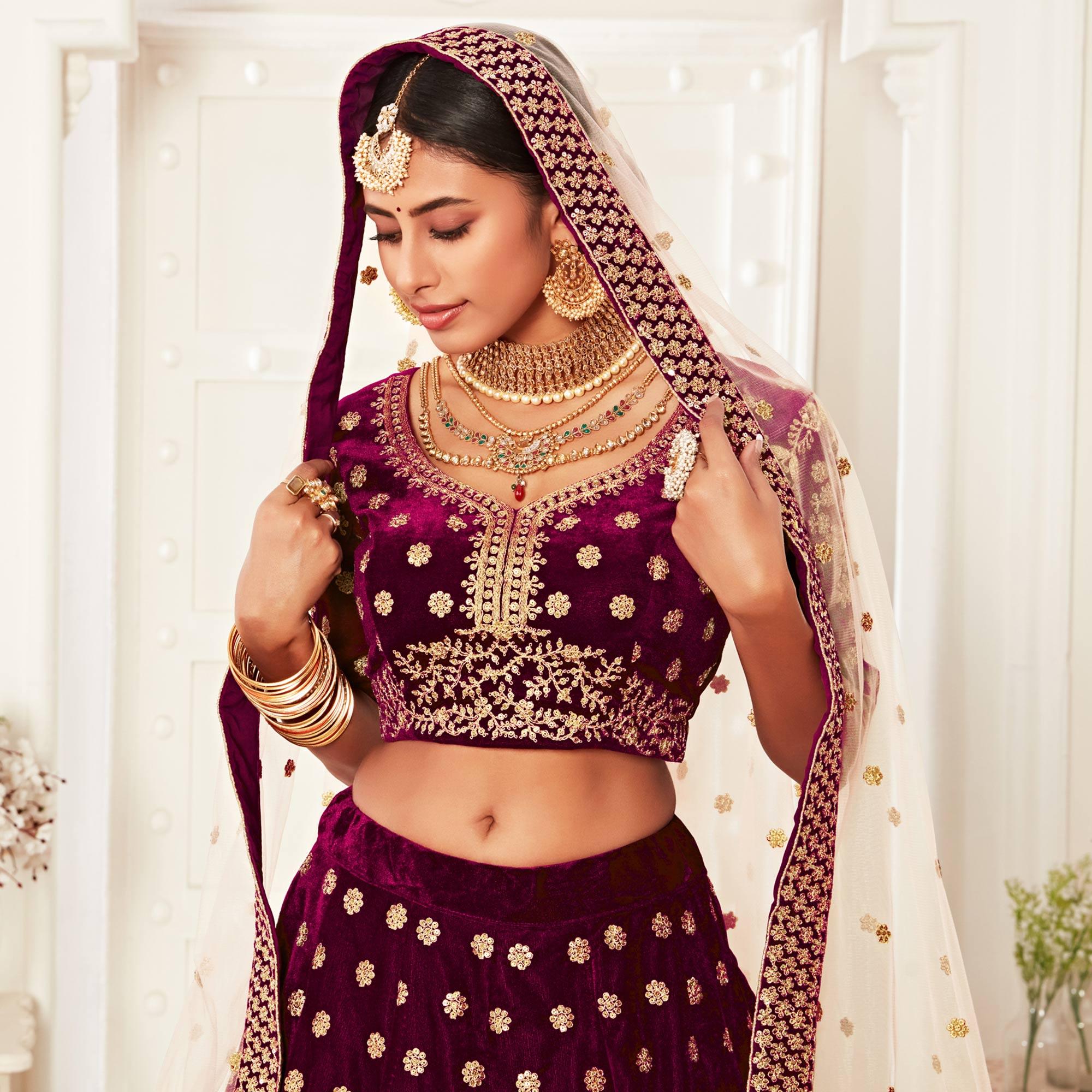 Purple Wedding Wear Floral Sequins Embroidered Velvet Lehenga Choli - Peachmode