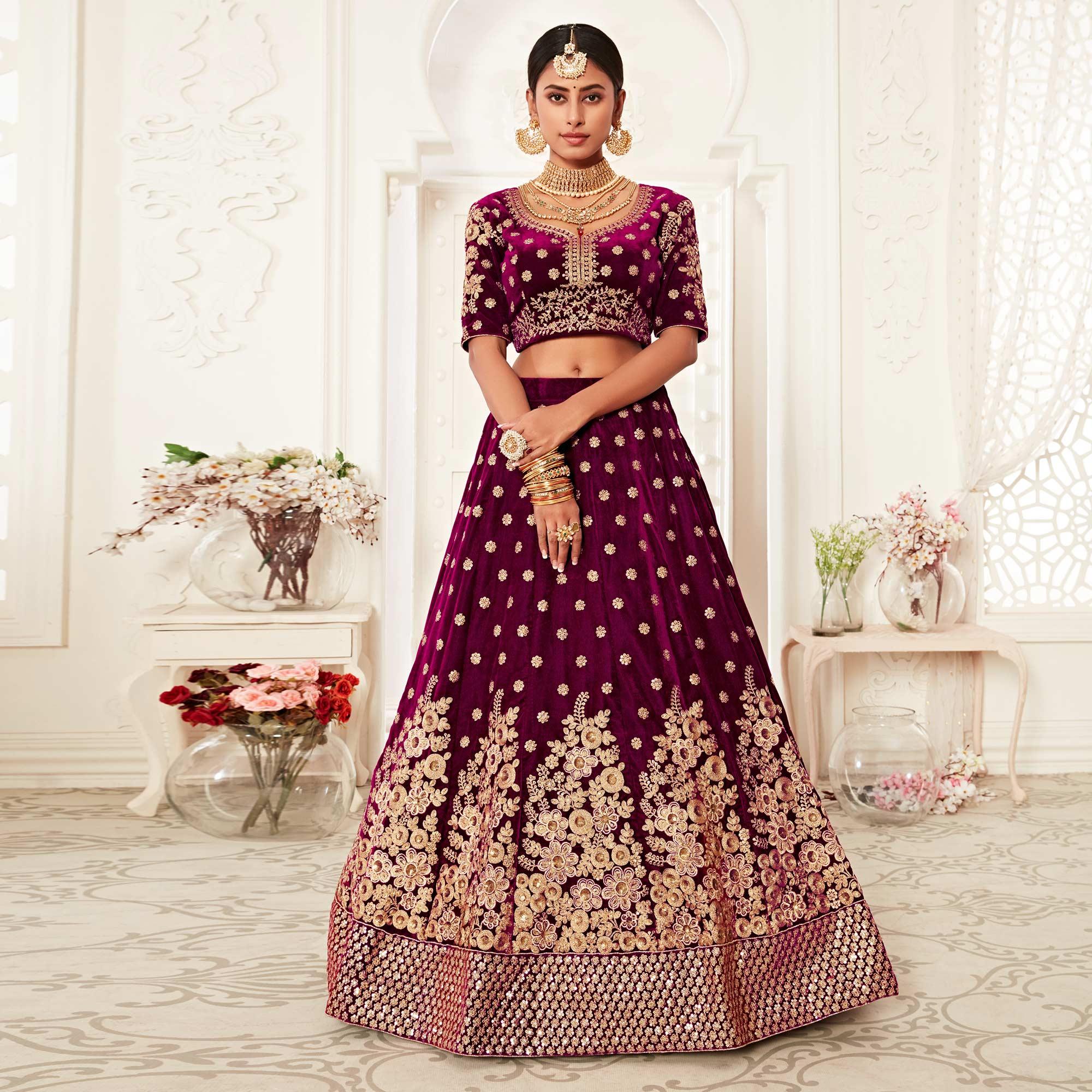 Purple Wedding Wear Floral Sequins Embroidered Velvet Lehenga Choli - Peachmode