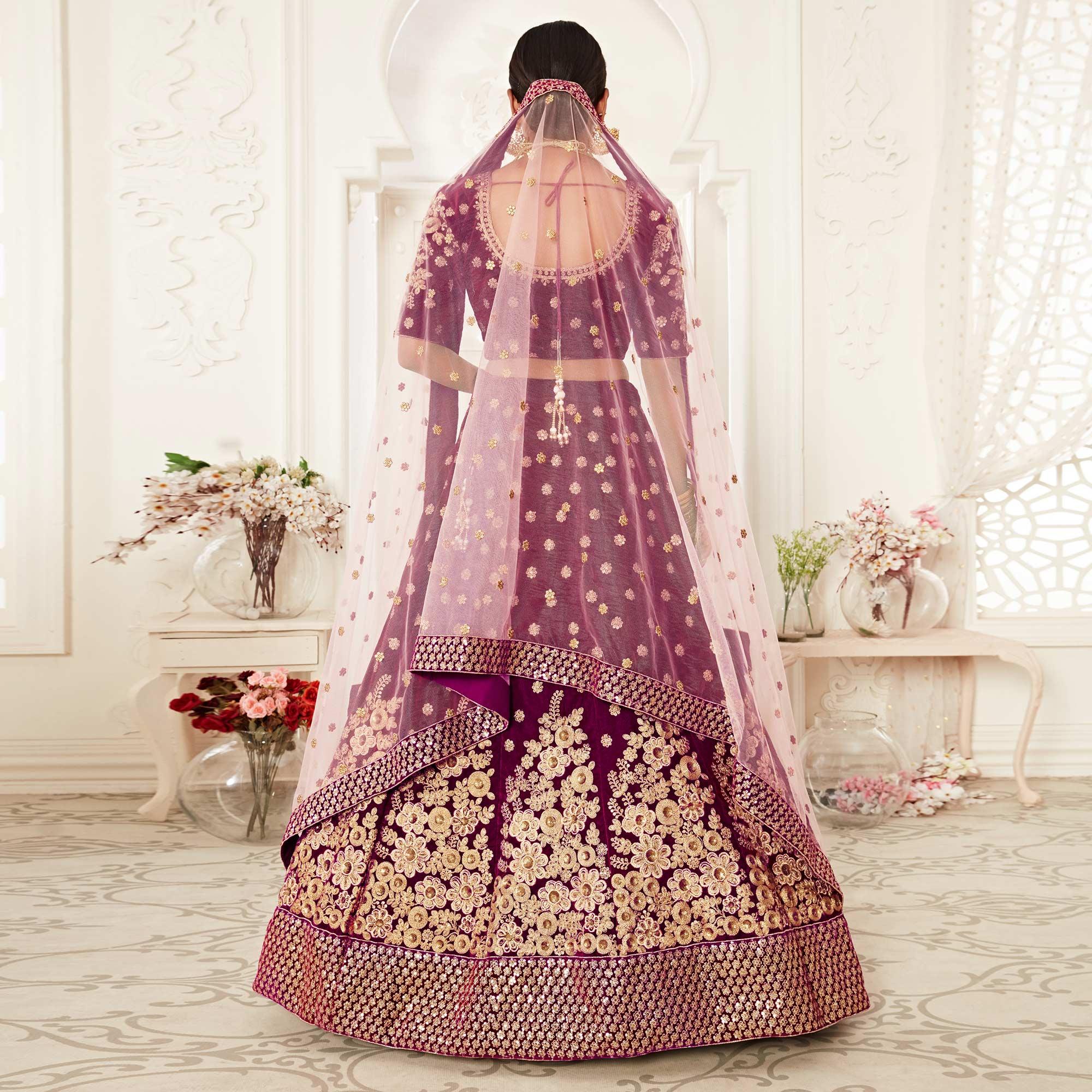 Purple Wedding Wear Floral Sequins Embroidered Velvet Lehenga Choli - Peachmode