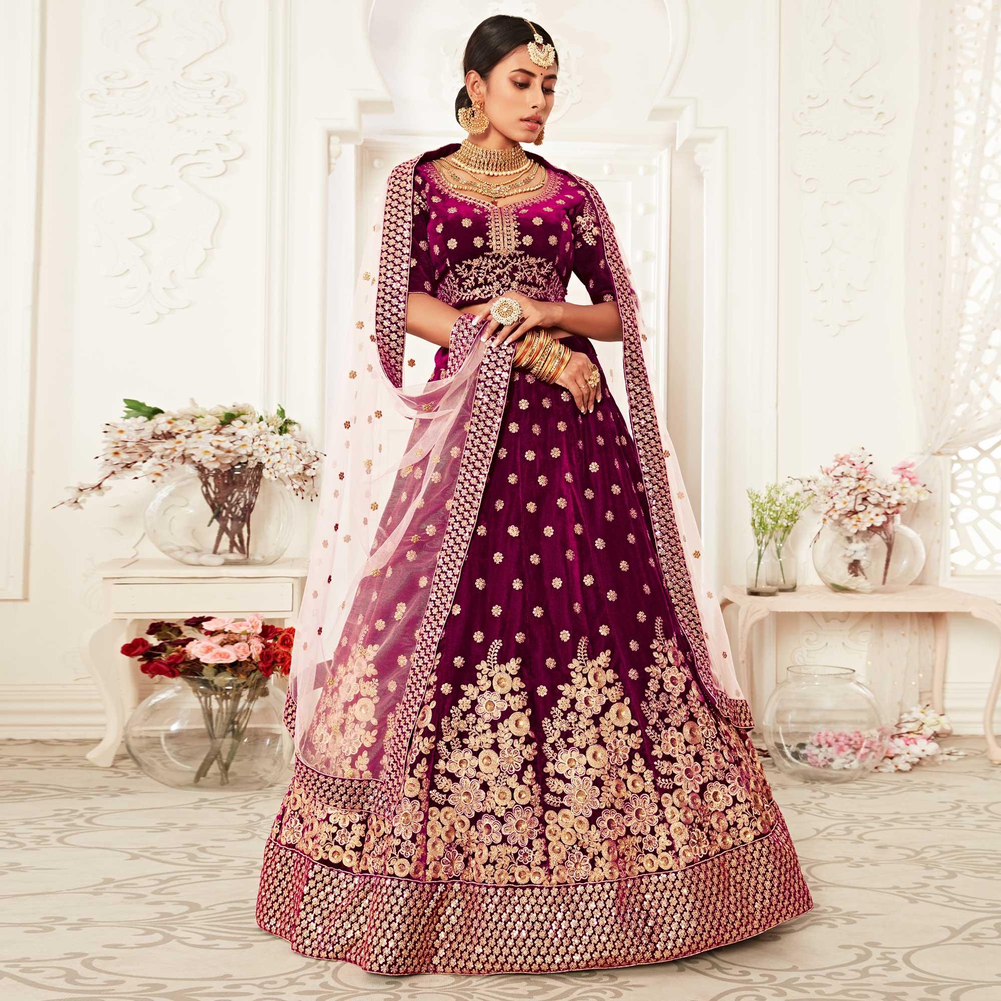 Purple Wedding Wear Floral Sequins Embroidered Velvet Lehenga Choli - Peachmode