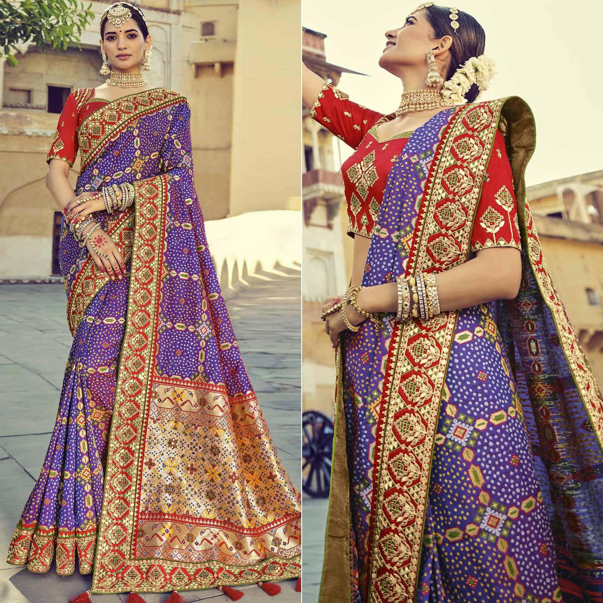 Purple Wedding Wear Resham With Embellished Silk Bhandhani Patola Saree - Peachmode