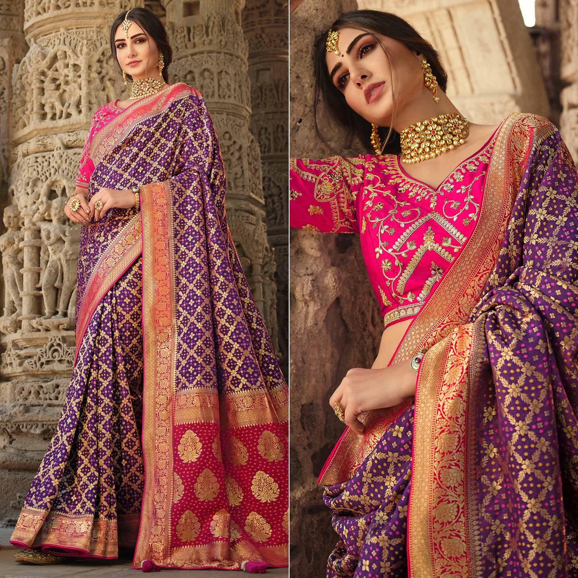 Purple Wedding Wear Woven Silk Saree With Tassels - Peachmode