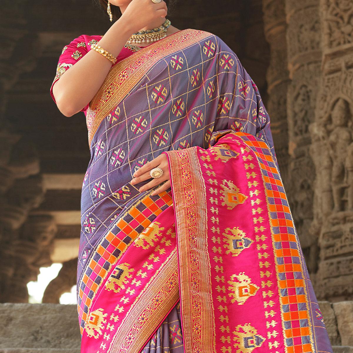 Purple Wedding Wear Woven Silk Saree With Tassels - Peachmode